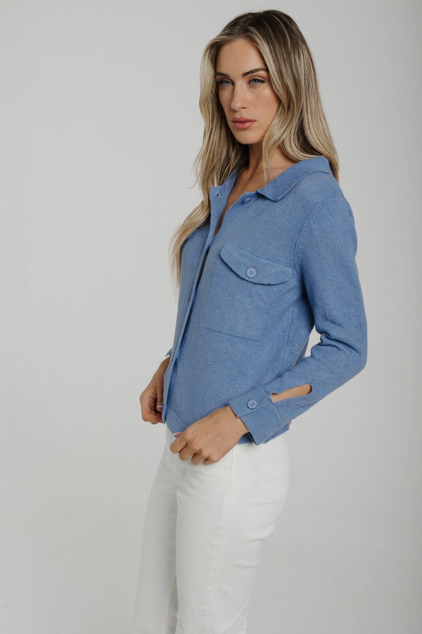 Sally Button Front Cardigan In Blue - The Walk in Wardrobe