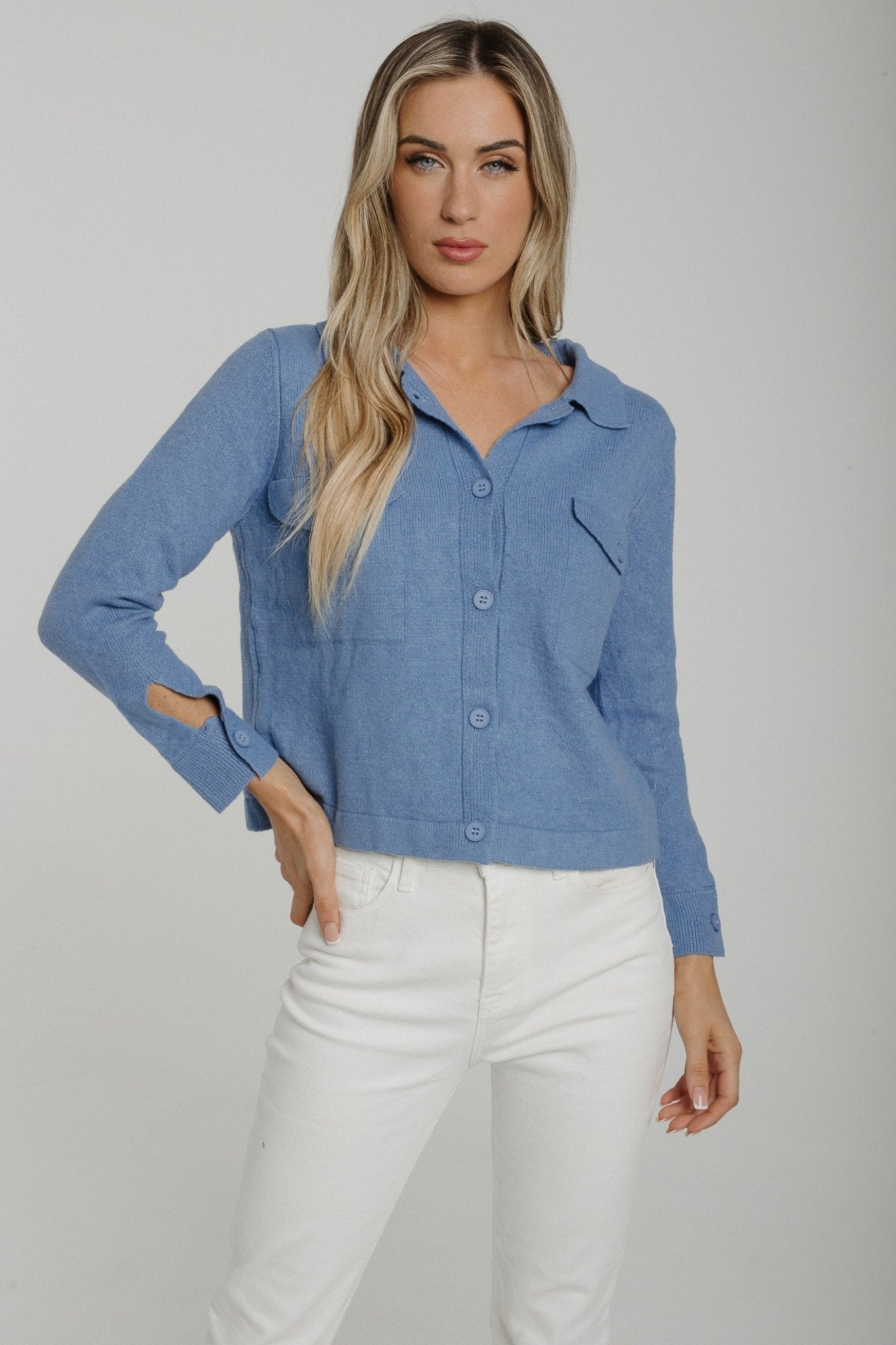 Sally Button Front Cardigan In Blue - The Walk in Wardrobe