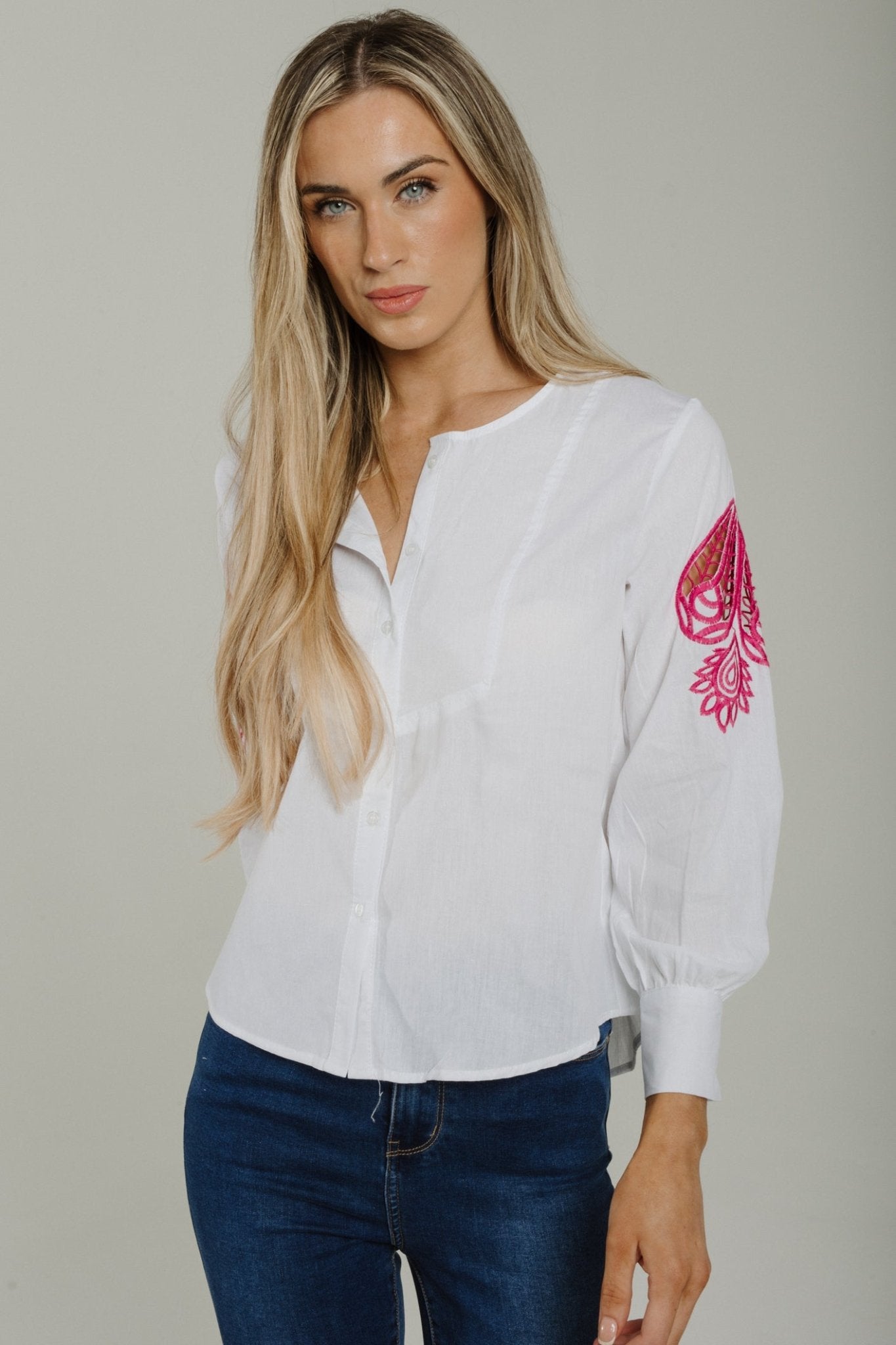 Sally Button Front Embroidered Top In White - The Walk in Wardrobe