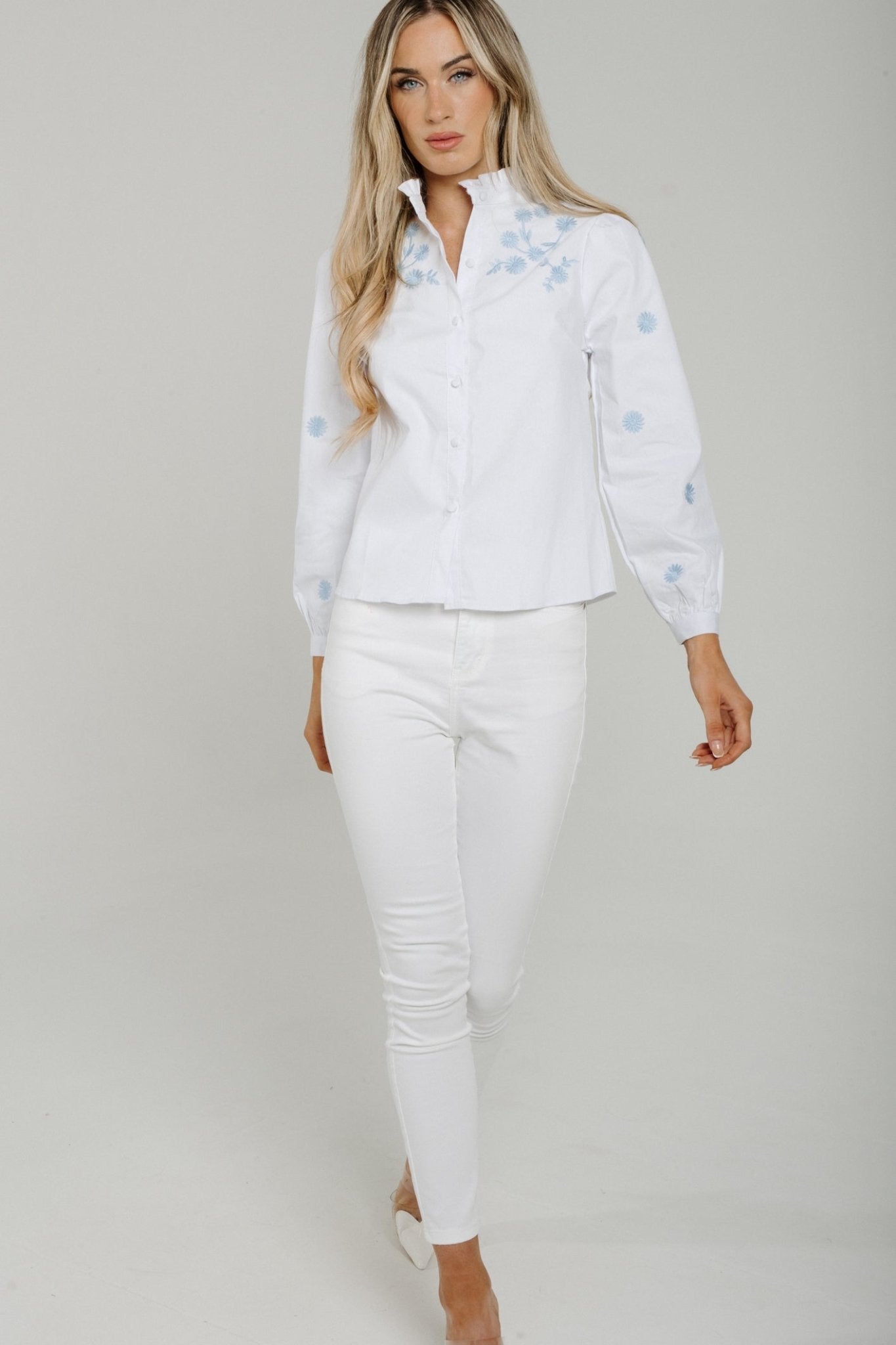 Sally Embroidered Denim Top In White - The Walk in Wardrobe