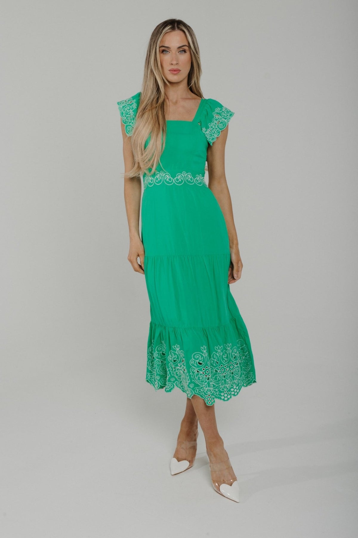 Sally Embroidered Detail Midi Dress In Green - The Walk in Wardrobe