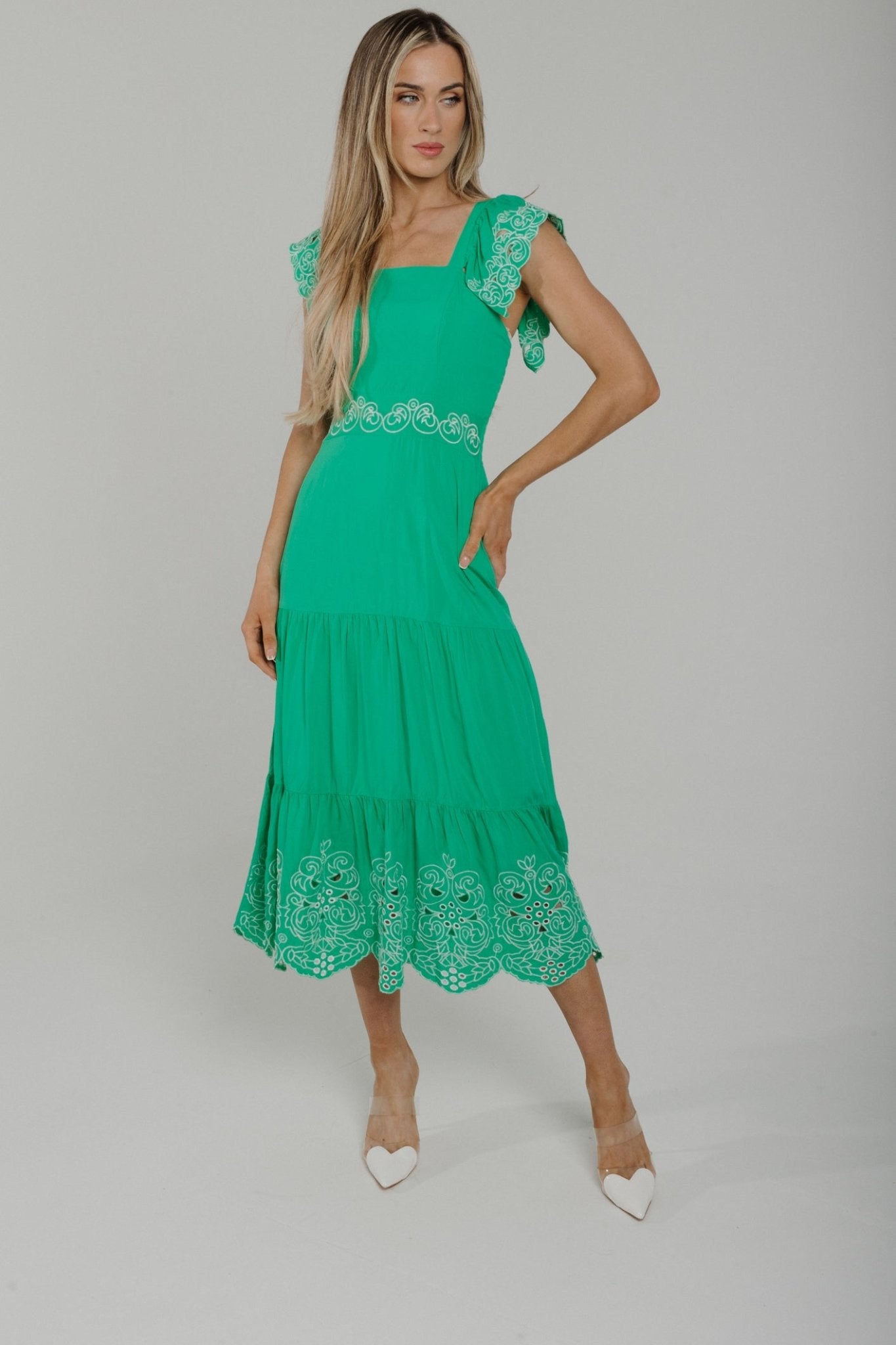 Sally Embroidered Detail Midi Dress In Green - The Walk in Wardrobe