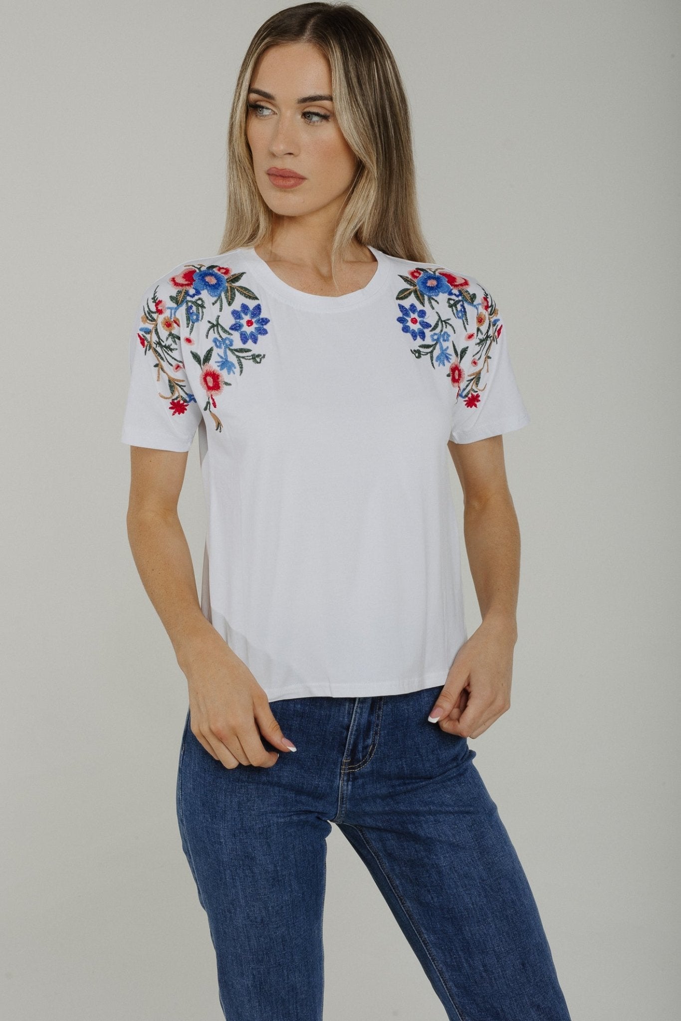 Sally Embroidered Shoulder T-Shirt In White - The Walk in Wardrobe