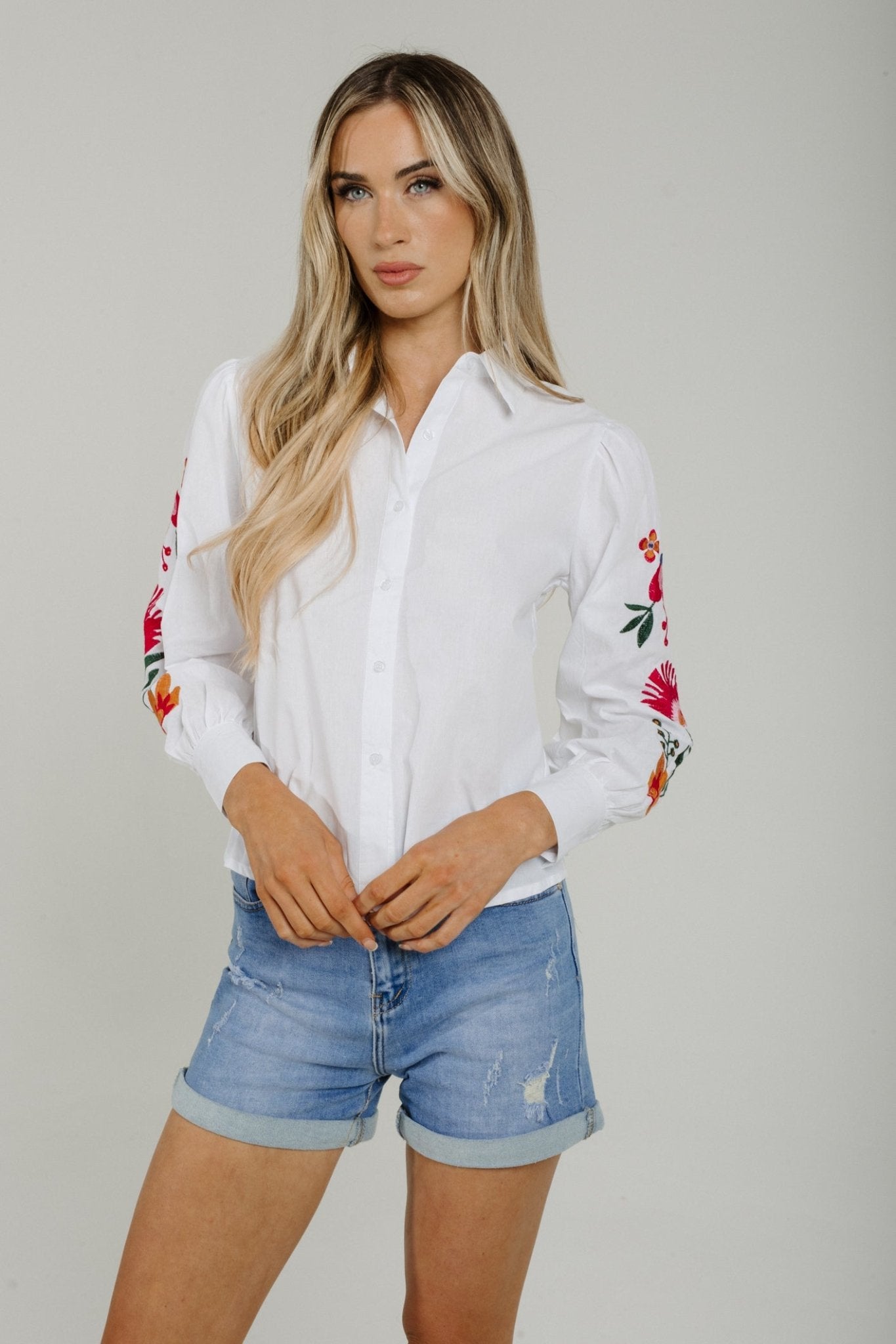 Sally Embroidered Sleeve Shirt In White - The Walk in Wardrobe