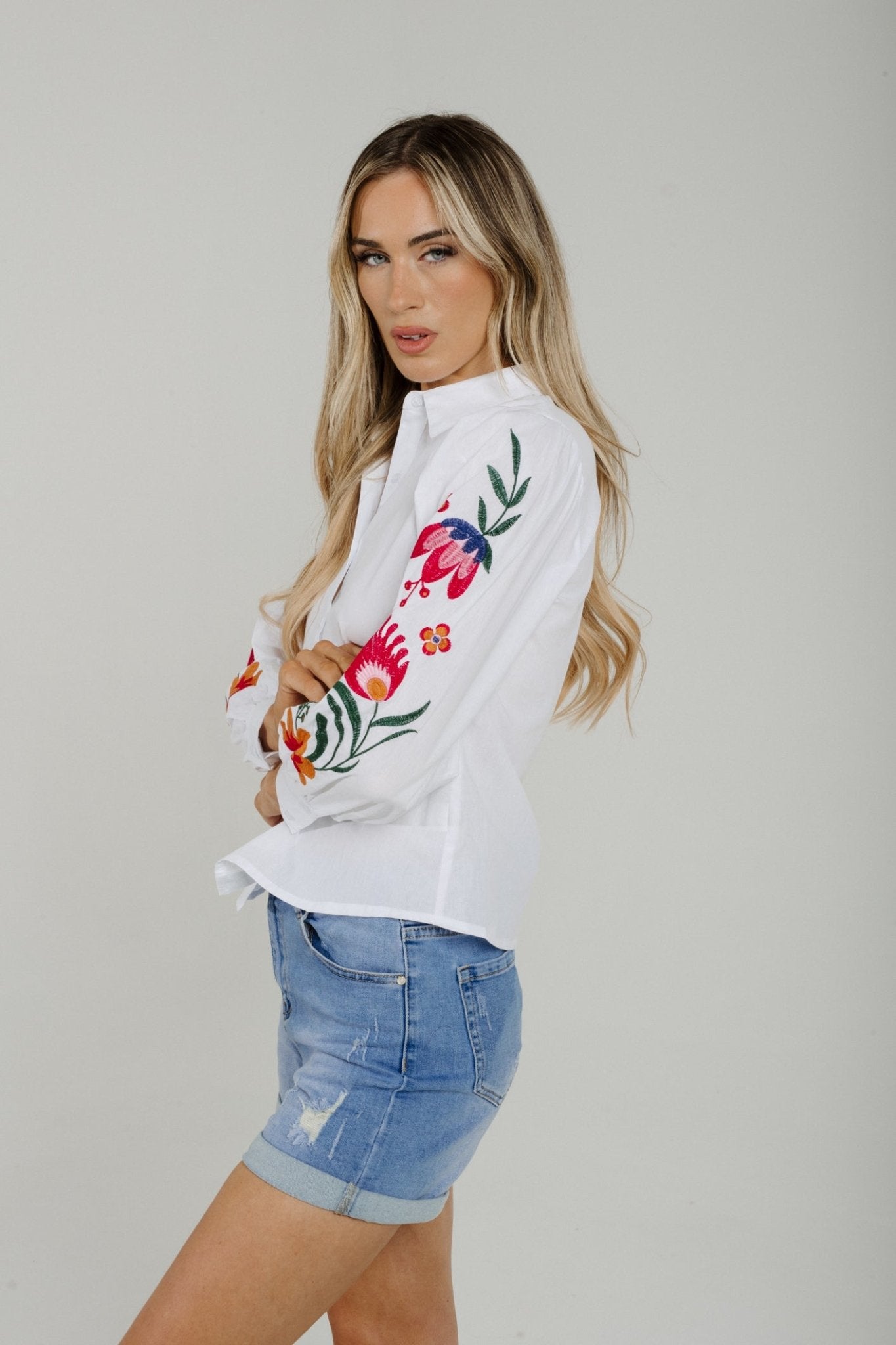 Sally Embroidered Sleeve Shirt In White - The Walk in Wardrobe