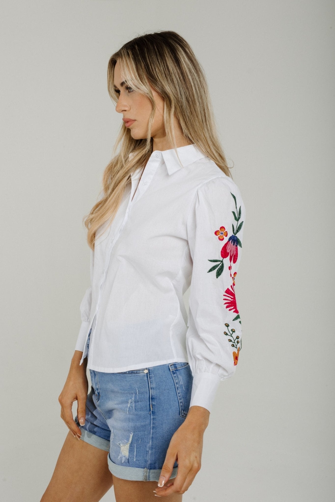 Sally Embroidered Sleeve Shirt In White - The Walk in Wardrobe