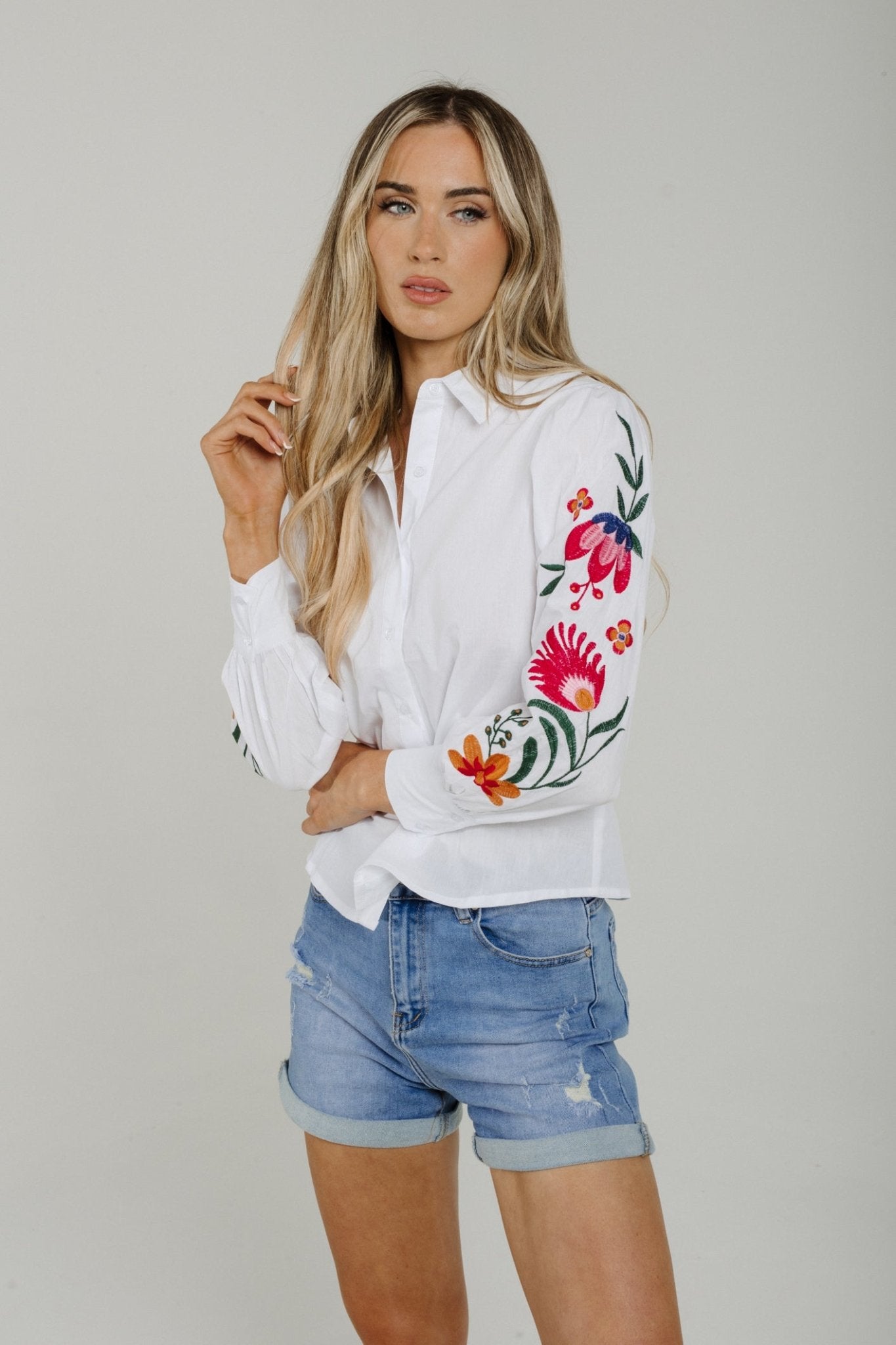 Sally Embroidered Sleeve Shirt In White - The Walk in Wardrobe