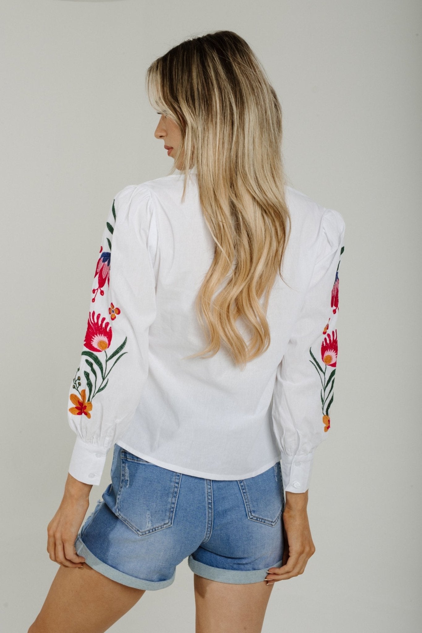 Sally Embroidered Sleeve Shirt In White - The Walk in Wardrobe