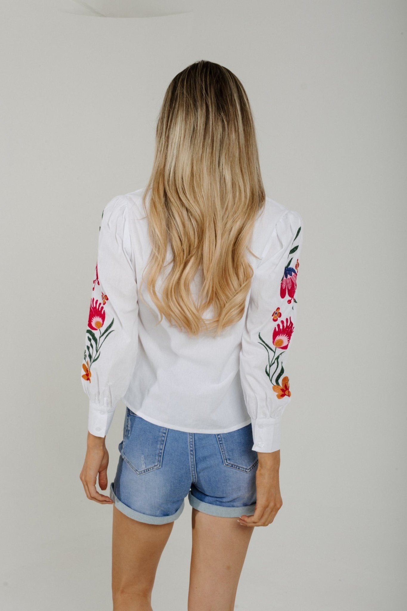 Sally Embroidered Sleeve Shirt In White - The Walk in Wardrobe