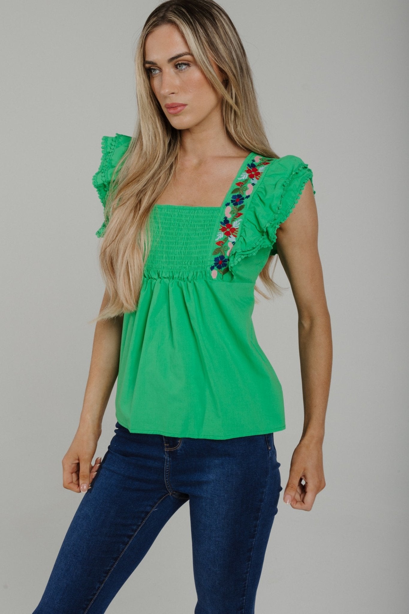 Sally Embroidered Smock Top In Green - The Walk in Wardrobe