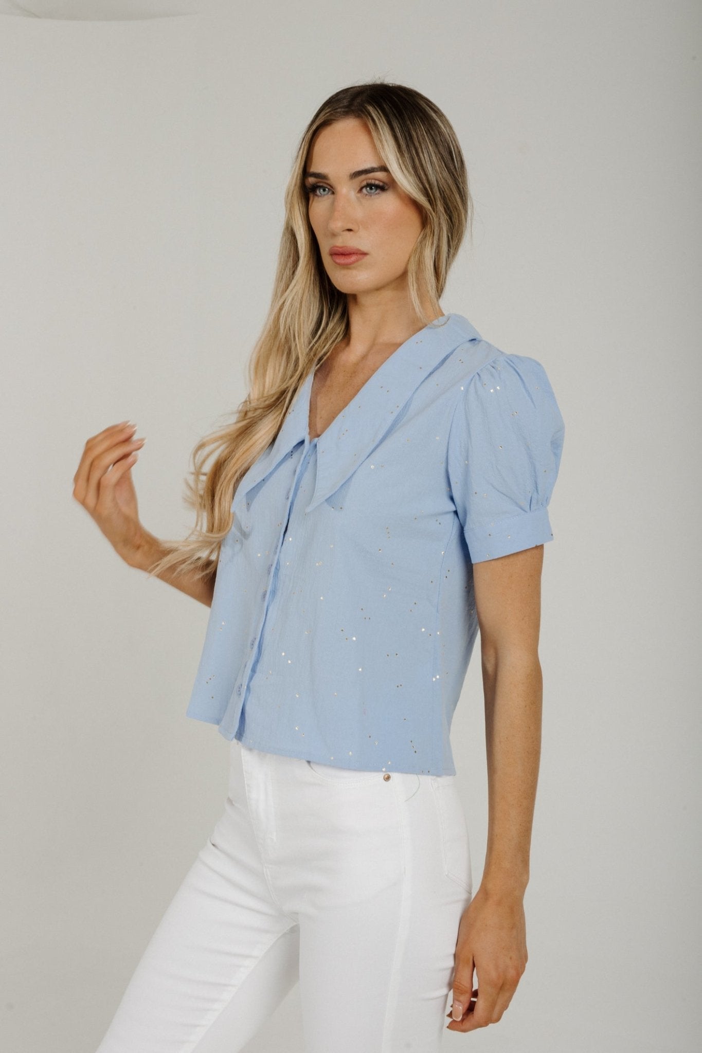 Sally Gold Detail Top In Blue - The Walk in Wardrobe