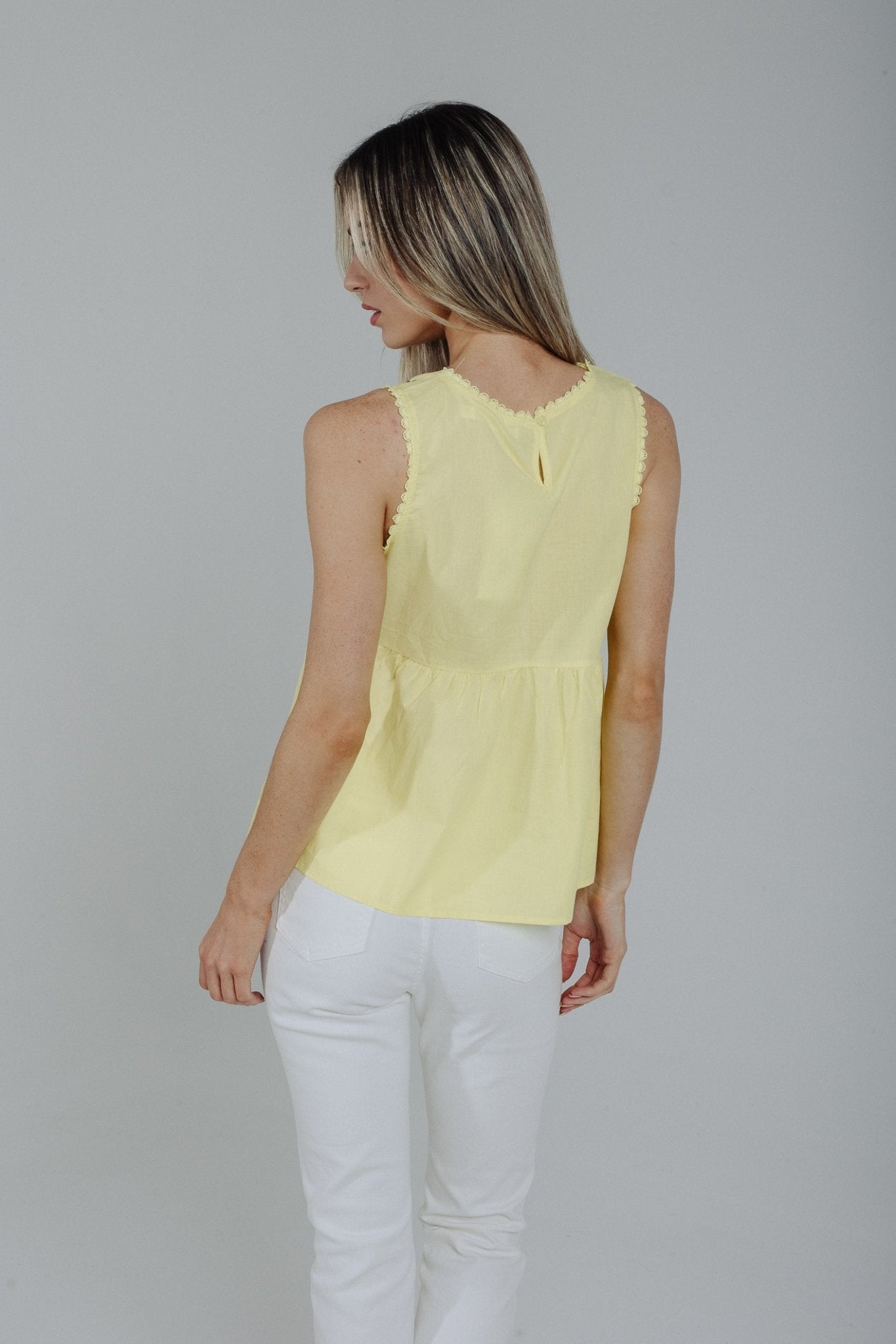 Sally Peplum Sleeveless Embroidered Top In Lime - The Walk in Wardrobe