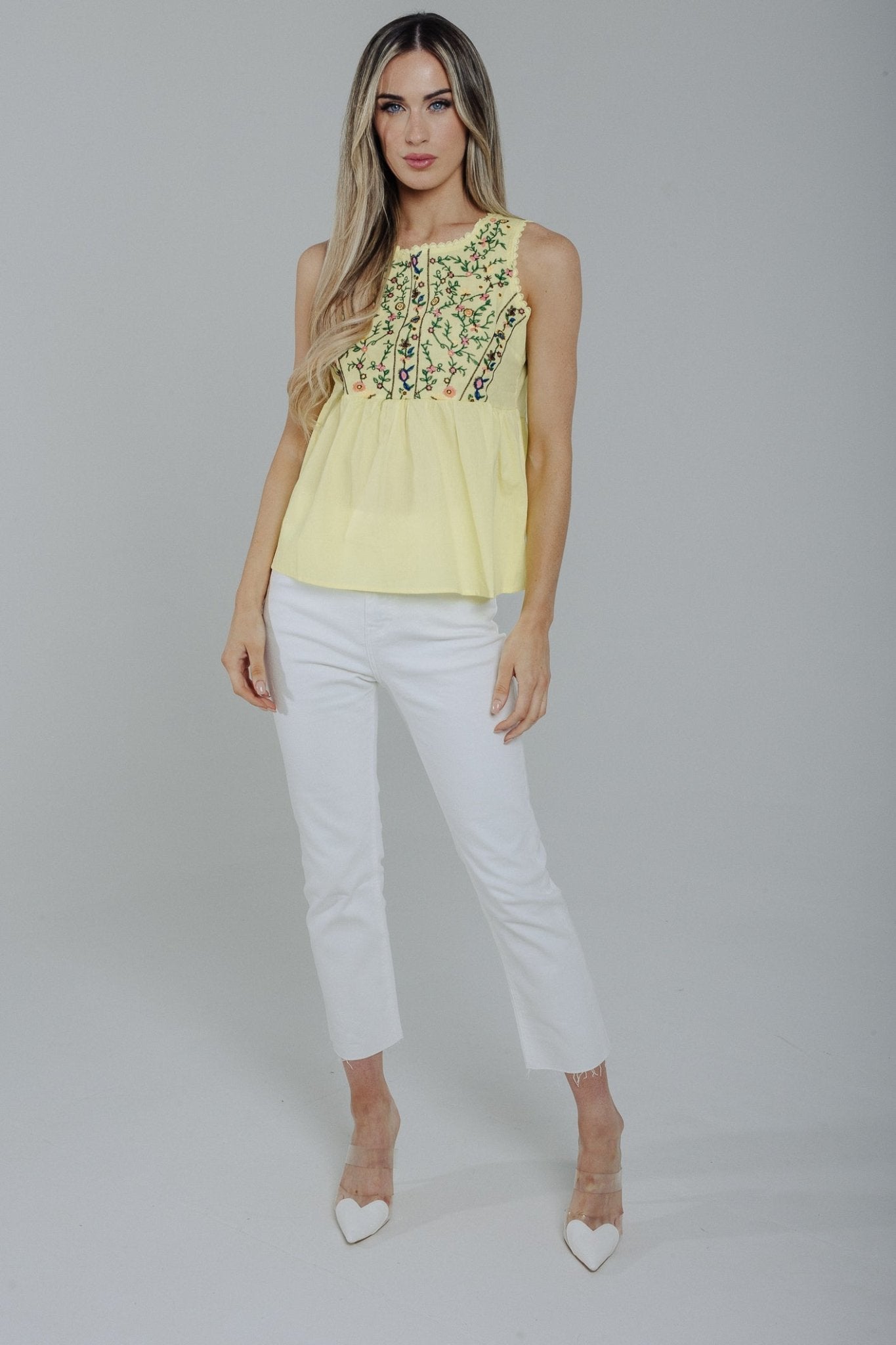 Sally Peplum Sleeveless Embroidered Top In Lime - The Walk in Wardrobe