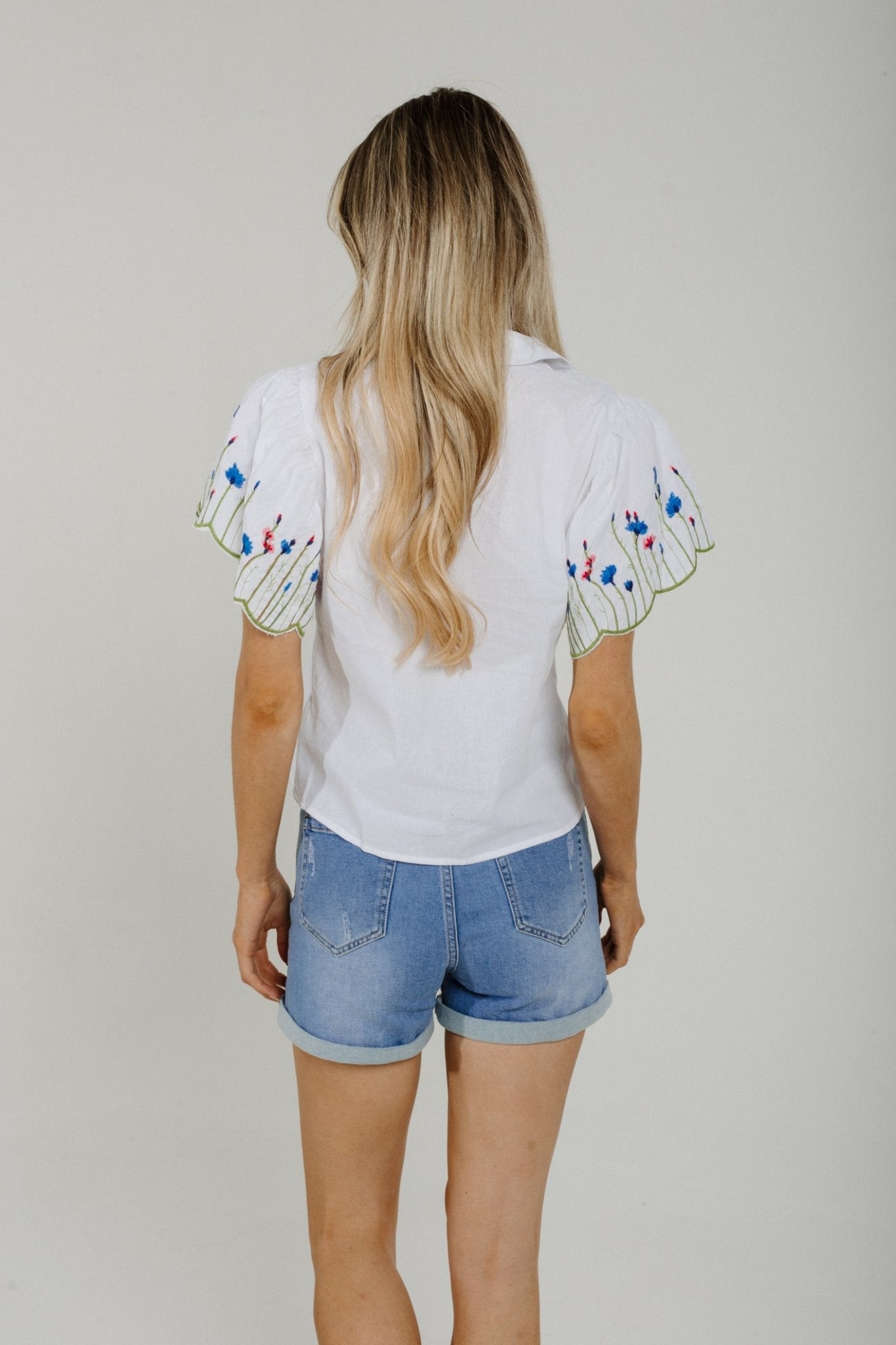 Sally Short Sleeve Embroidered Shirt In White - The Walk in Wardrobe
