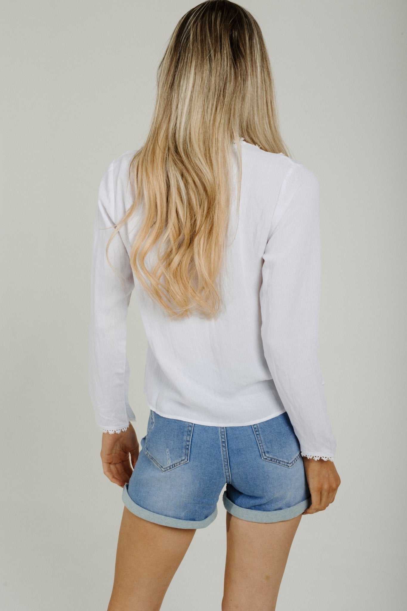 Sally Tie Front Long Sleeve Top In White - The Walk in Wardrobe