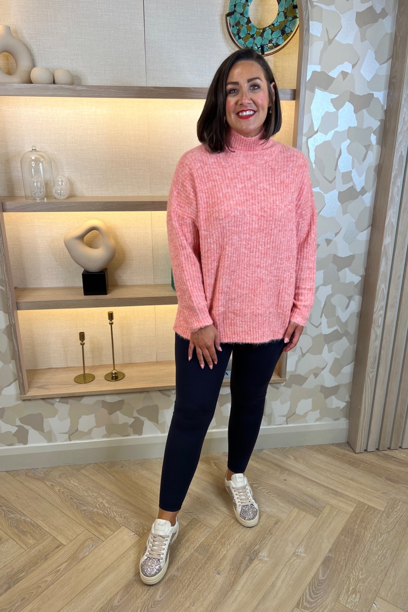 Sarah High Neck Ribbed Jumper In Pink - The Walk in Wardrobe