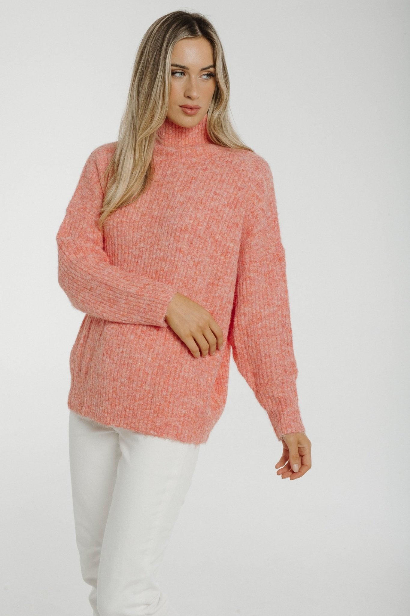 Sarah High Neck Ribbed Jumper In Pink - The Walk in Wardrobe