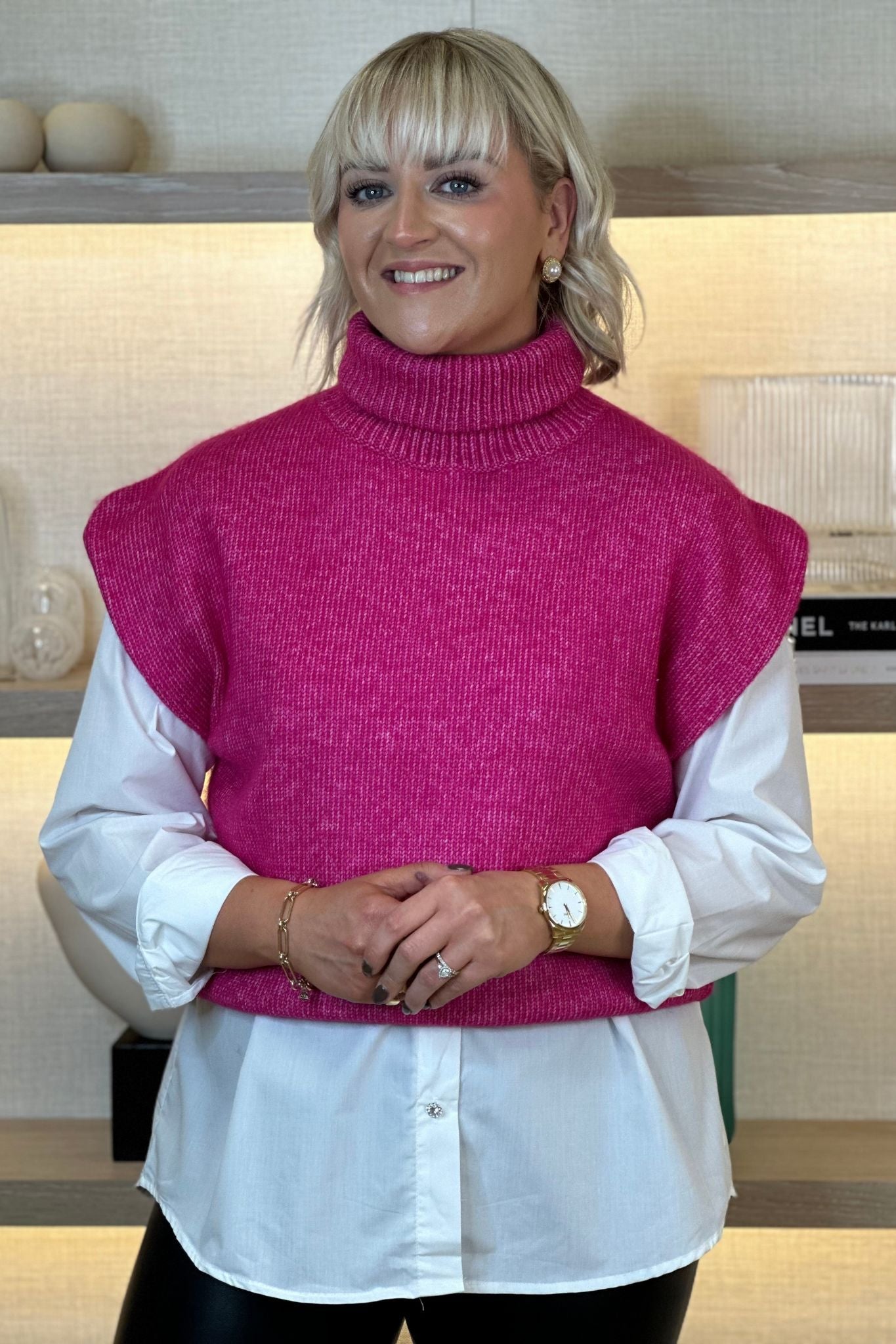 Sarah Sleeveless Shoulder Pad Knit In Pink - The Walk in Wardrobe