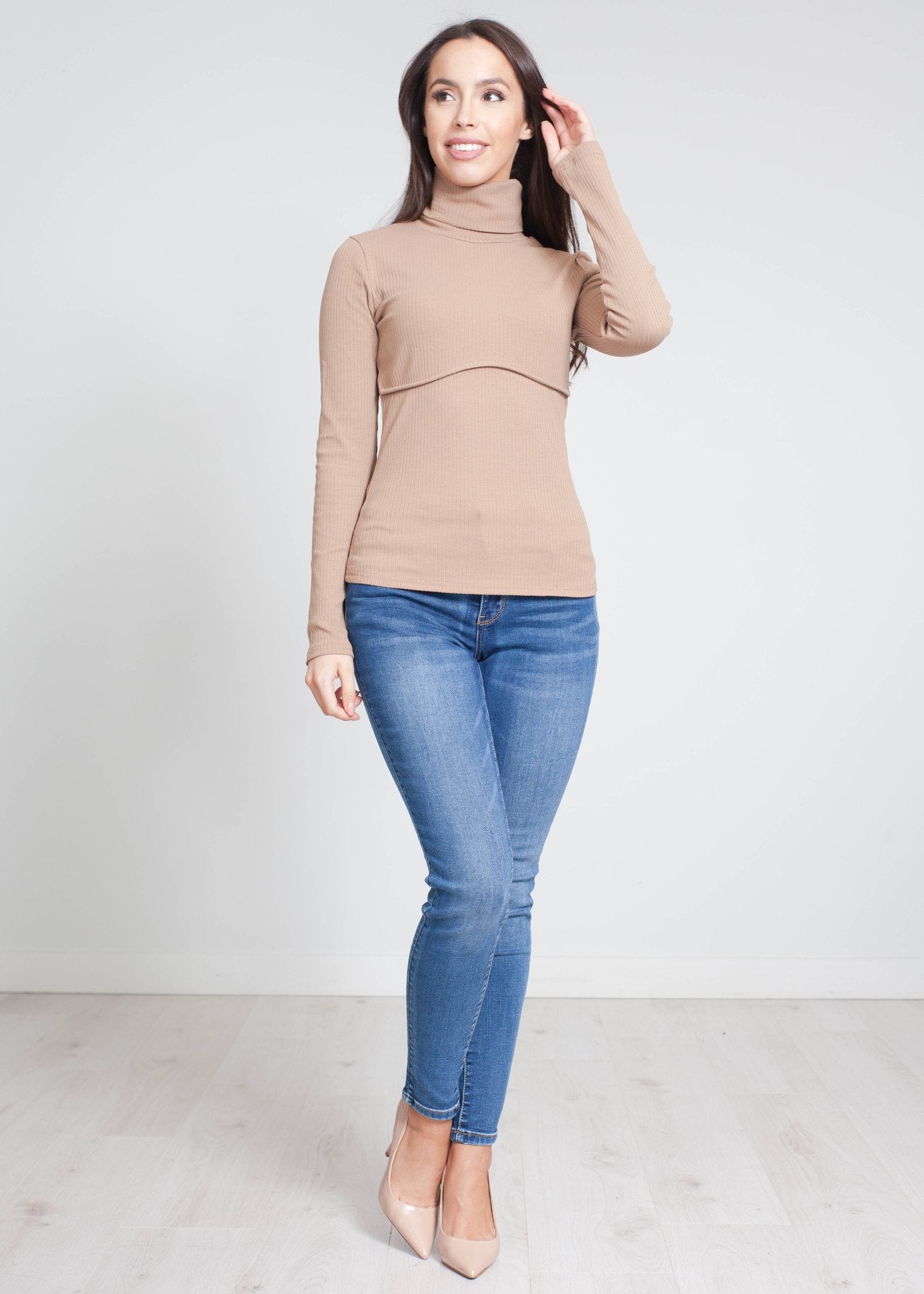 Terri Polo Neck with Cropped Sleeves, Ribbing on Neck & Cuffs - Chocolate, Ecru and Navy Blue