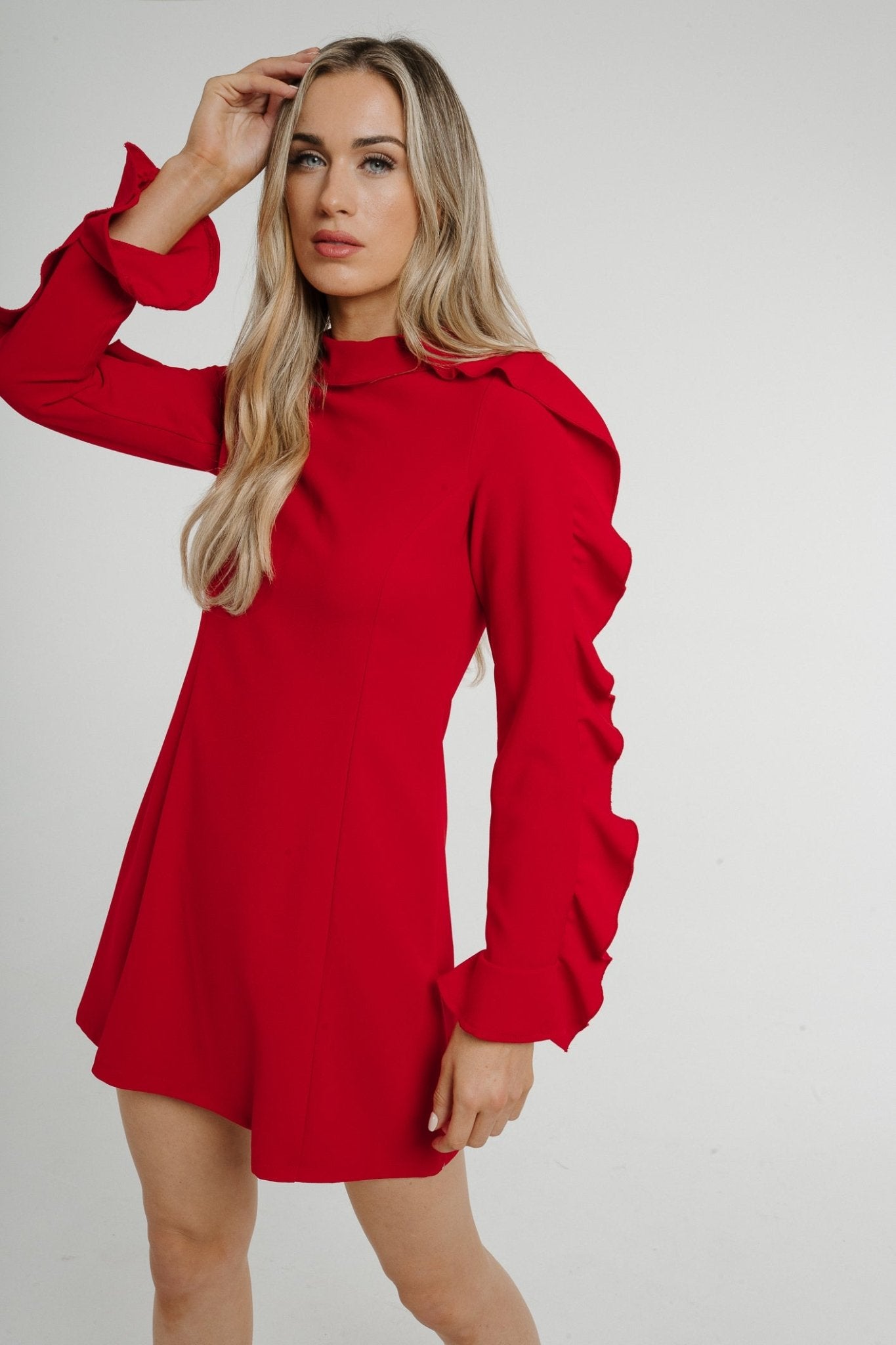 Sophia Frill Sleeve Dress In Red - The Walk in Wardrobe