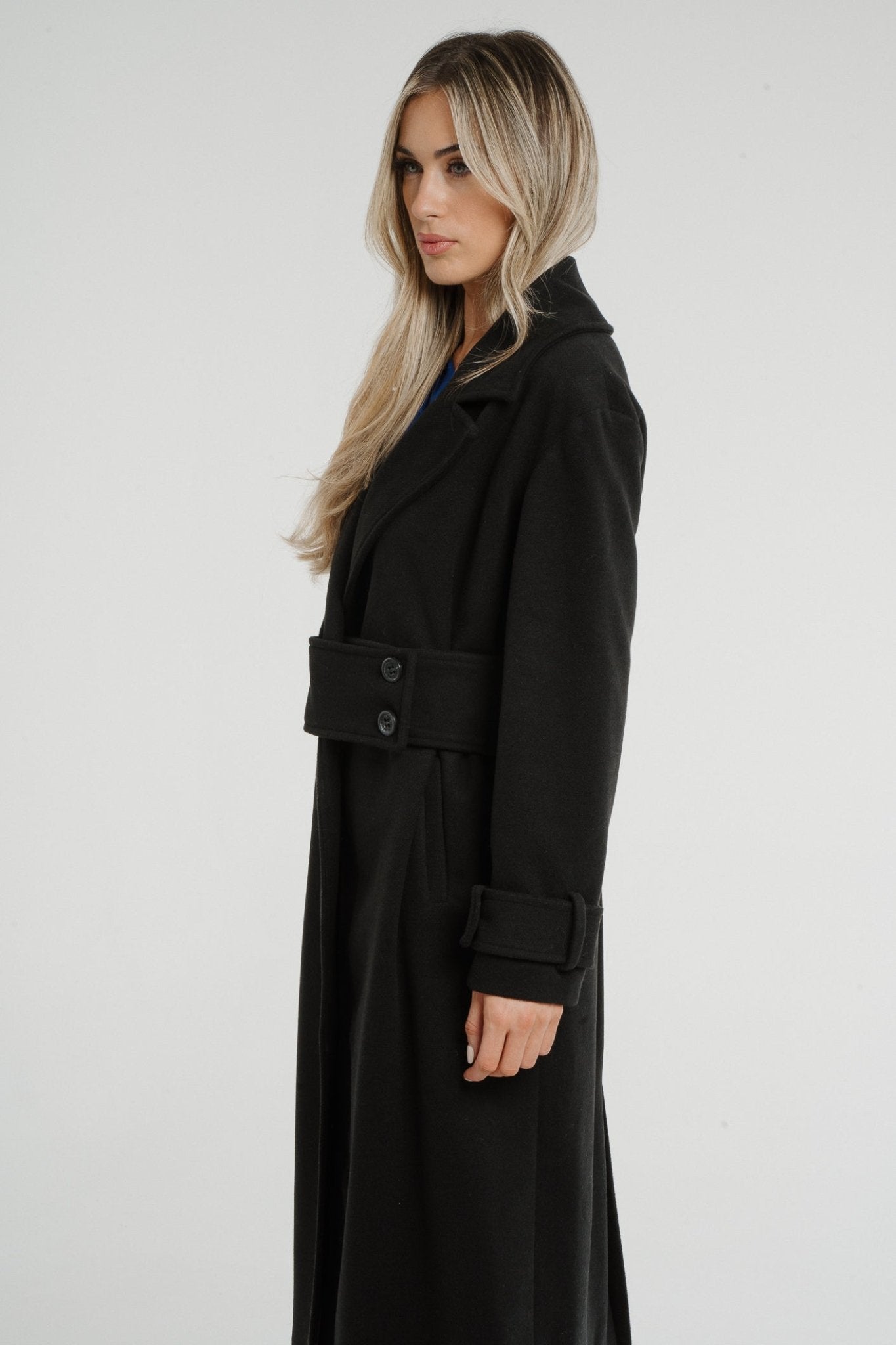 Sophia Side Belted Coat In Black - The Walk in Wardrobe