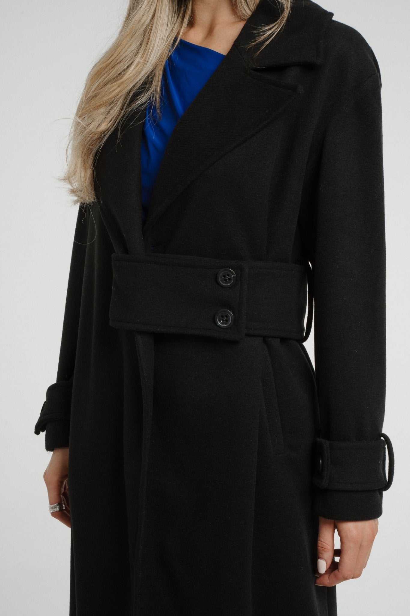 Sophia Side Belted Coat In Black - The Walk in Wardrobe