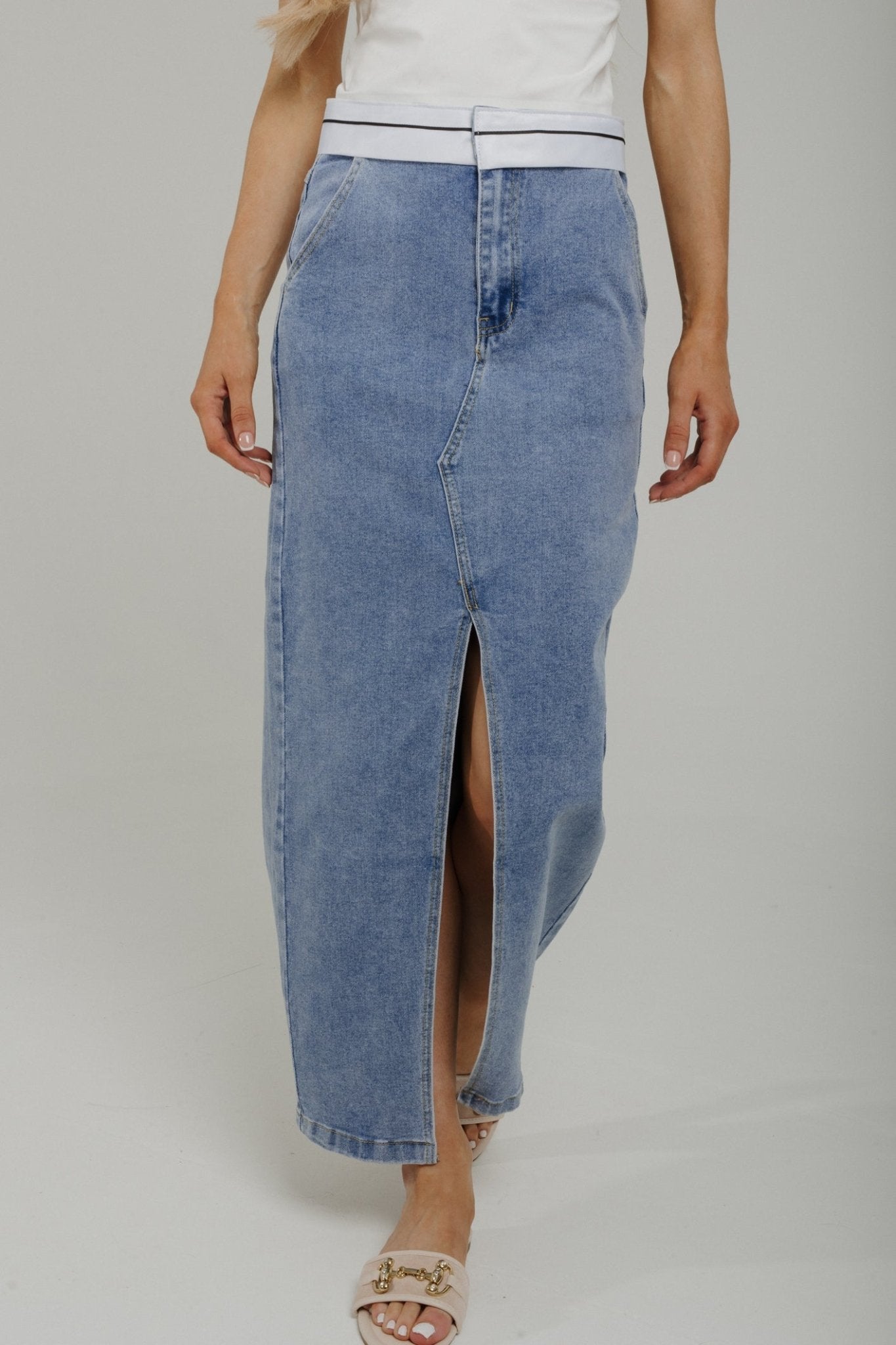 Summer Contrast Waist Midi Skirt In Denim - The Walk in Wardrobe