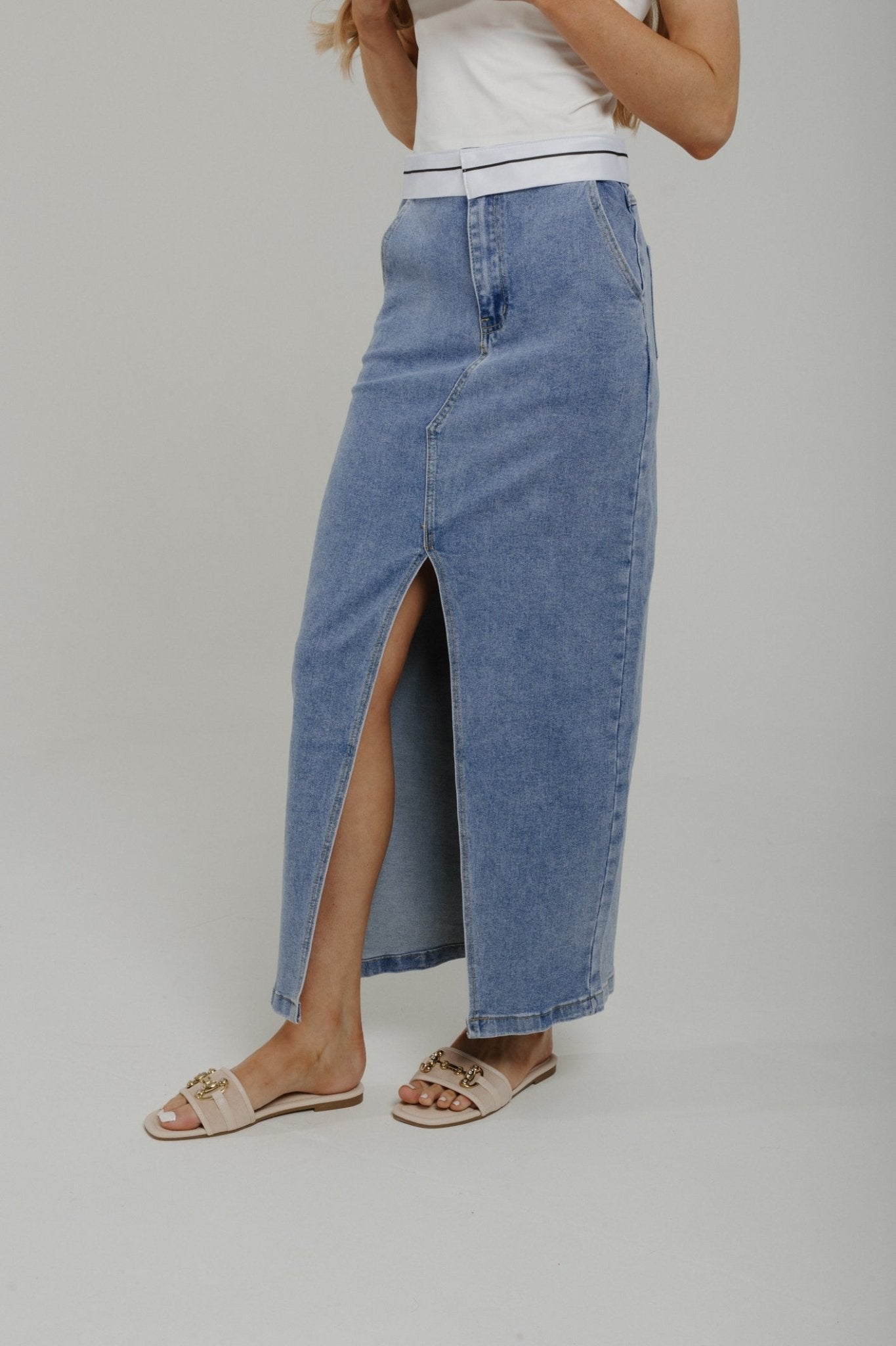 Summer Contrast Waist Midi Skirt In Denim - The Walk in Wardrobe