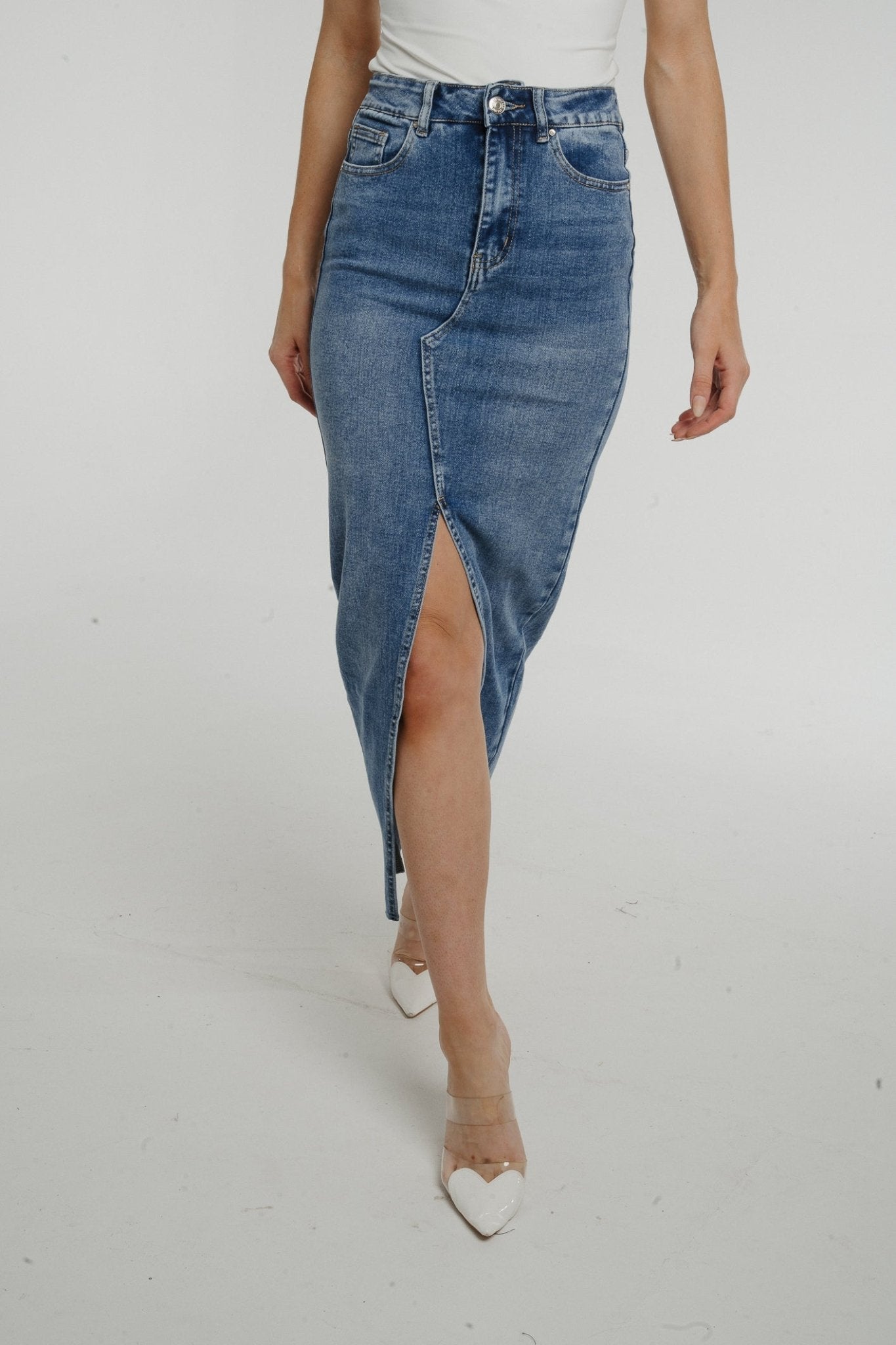 Summer Denim Maxi Skirt In Mid Wash - The Walk in Wardrobe