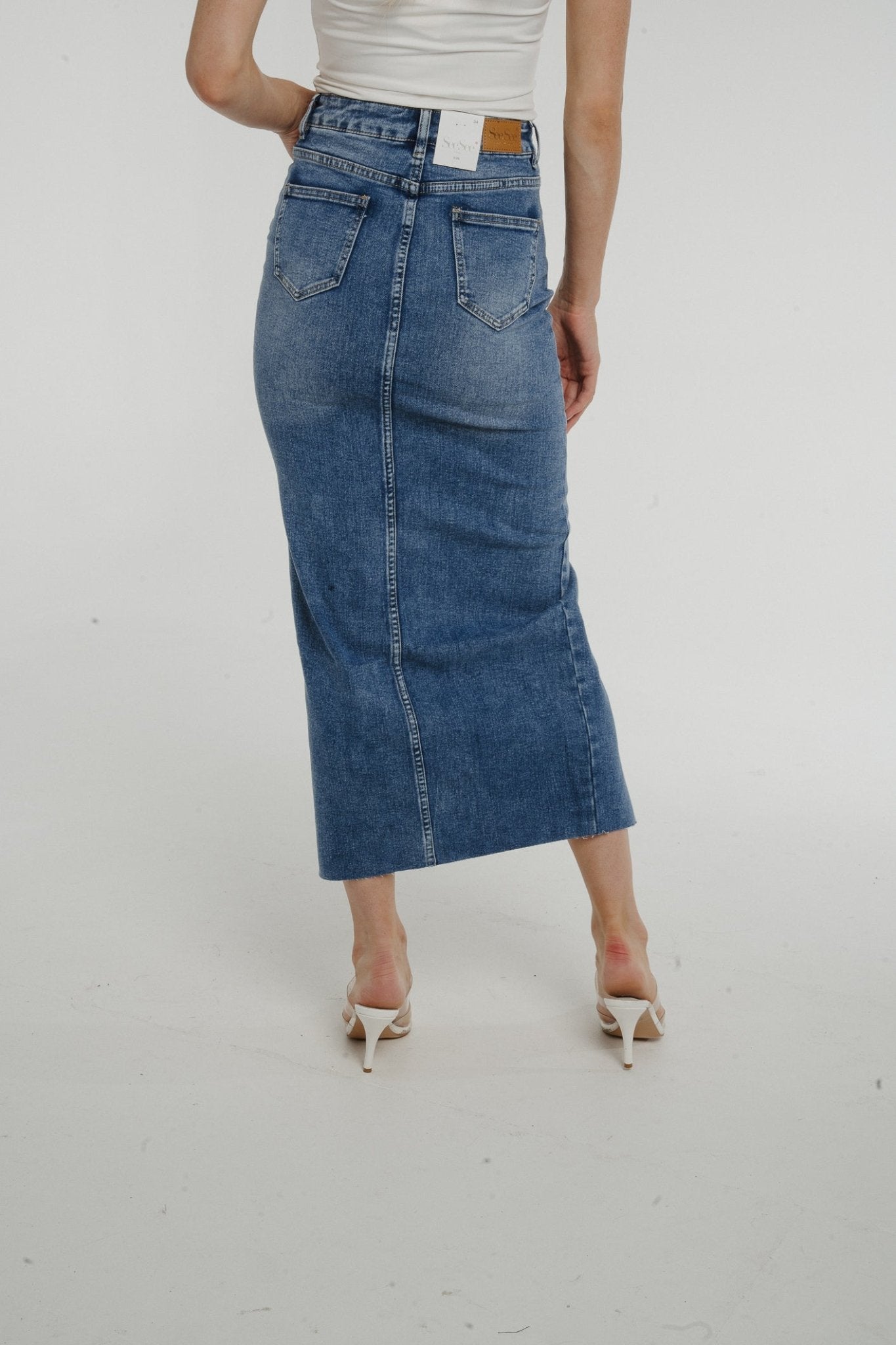 Summer Denim Maxi Skirt In Mid Wash - The Walk in Wardrobe