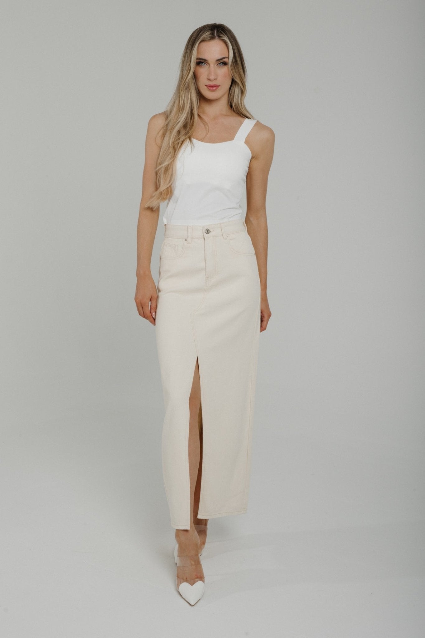 Summer Denim Midi Skirt In Cream - The Walk in Wardrobe