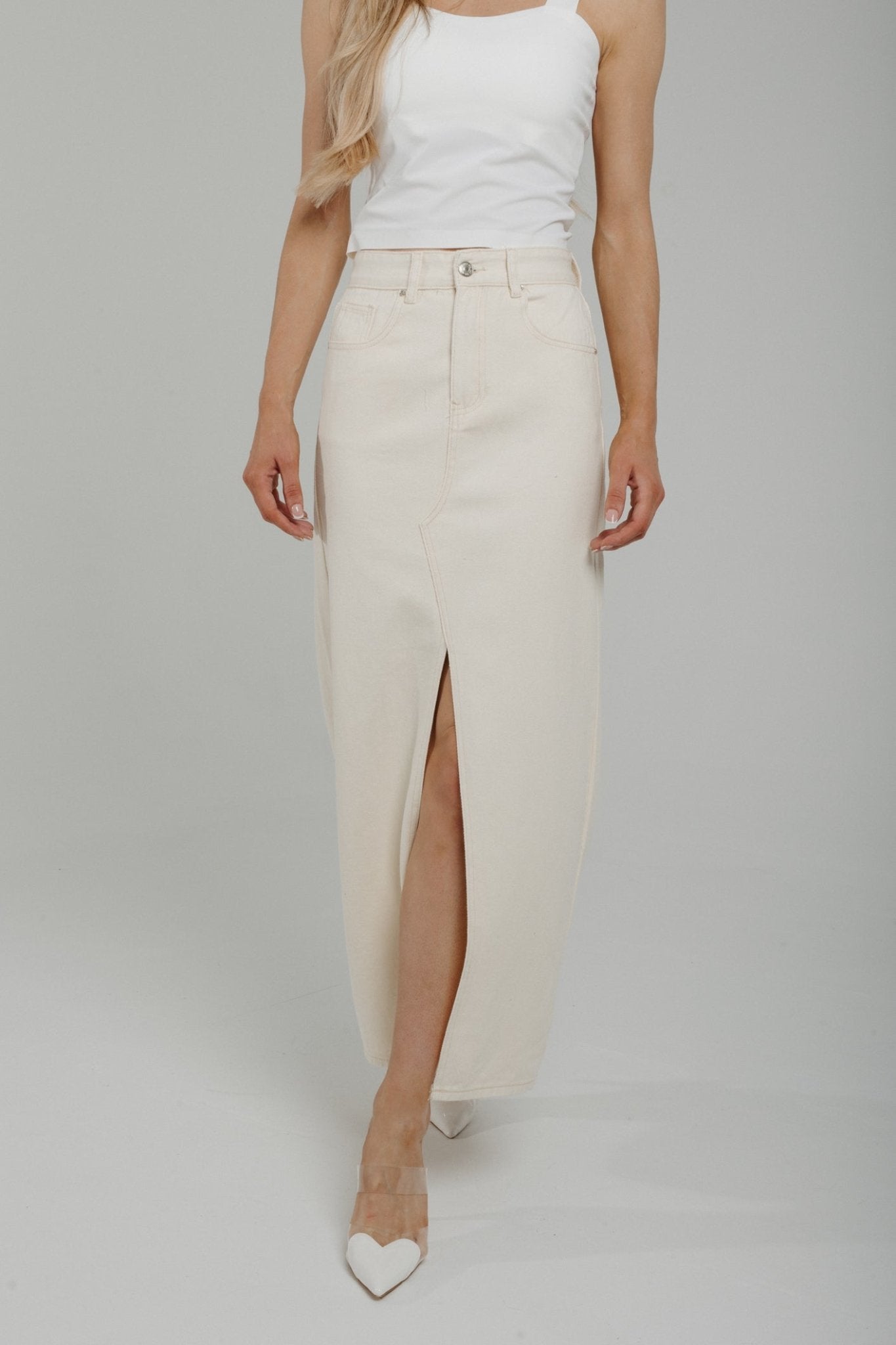 Summer Denim Midi Skirt In Cream - The Walk in Wardrobe