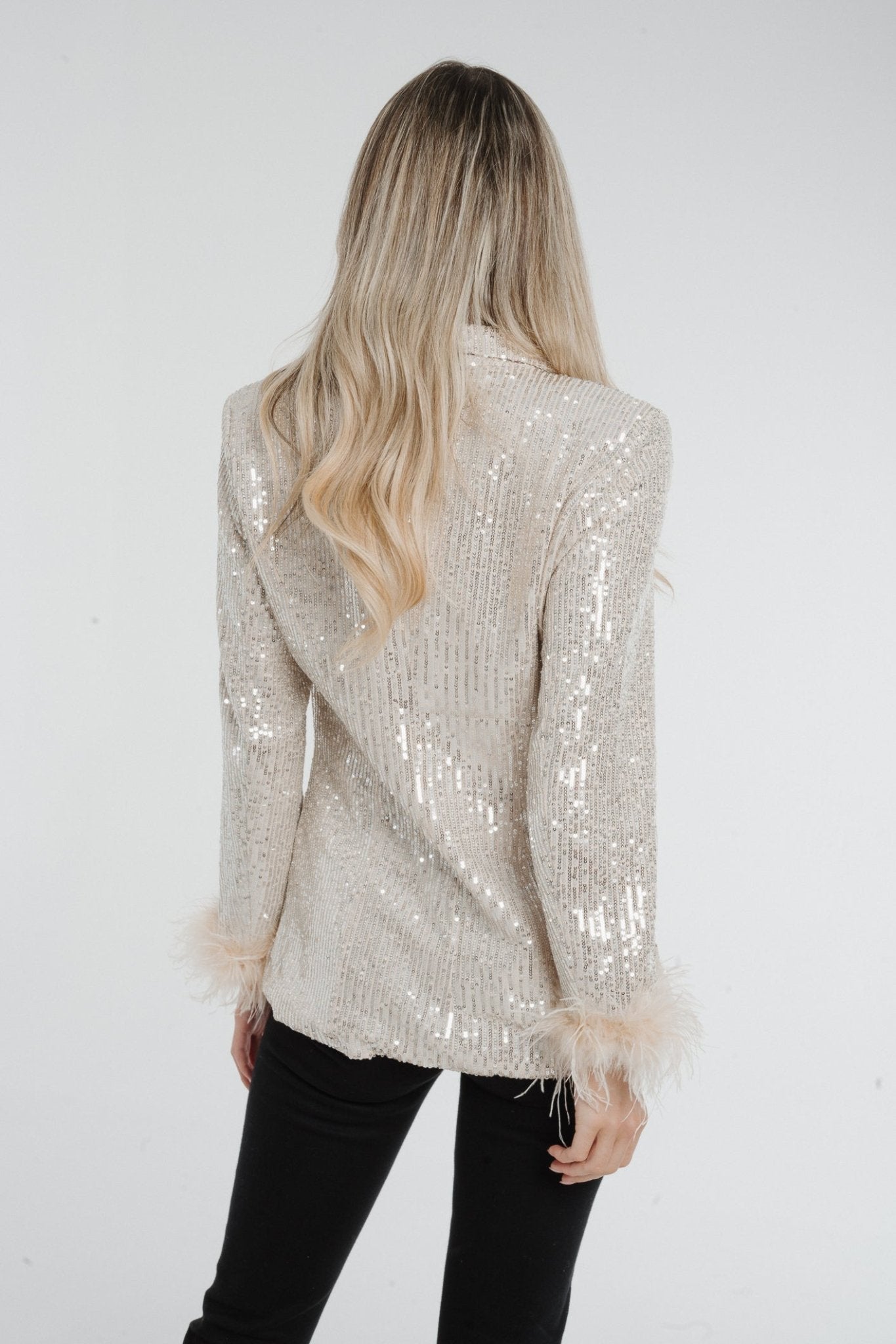 Suzie Feather Trim Sequin Blazer In Silver - The Walk in Wardrobe