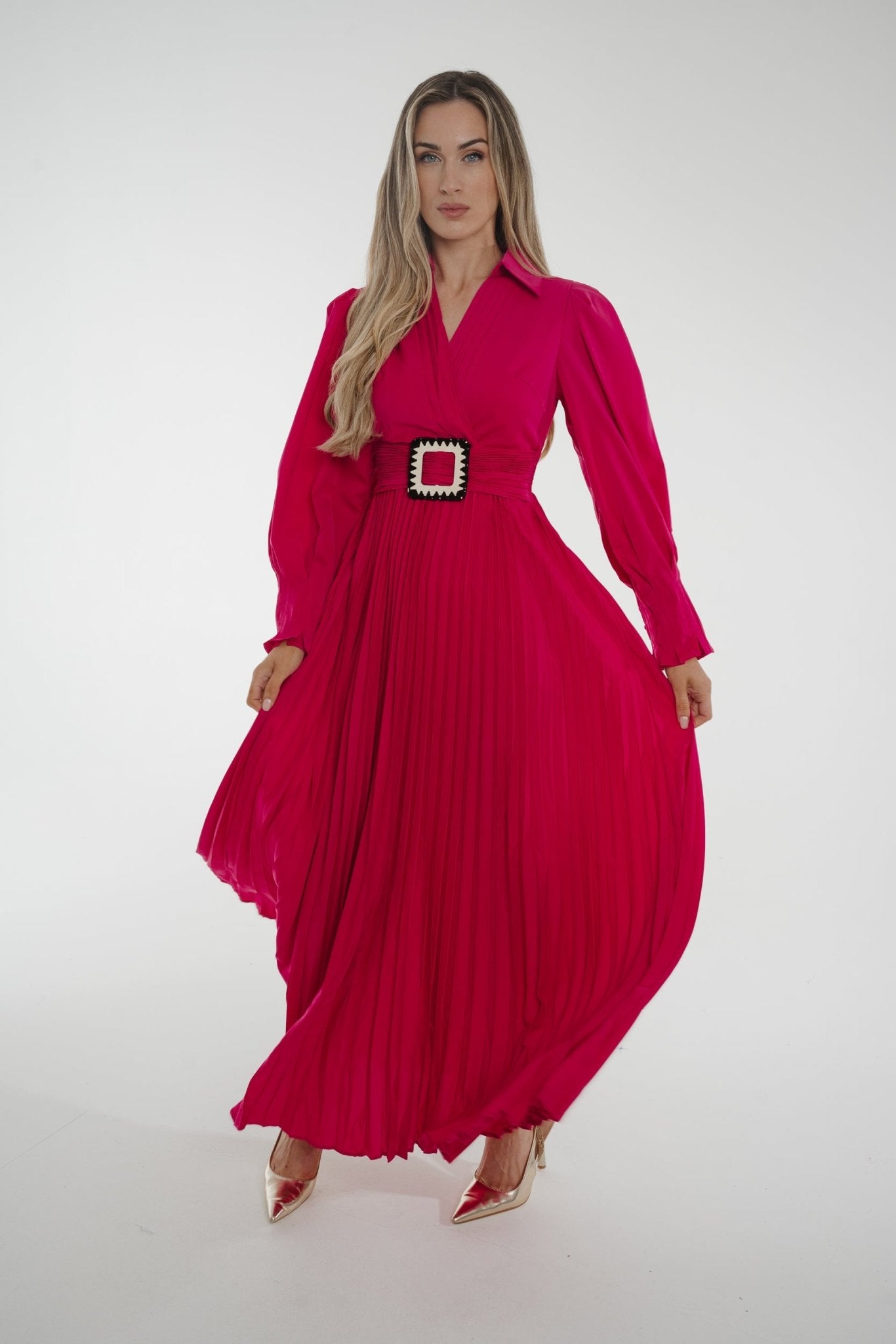 Taylor Belted Pleat Dress In Fuchsia - The Walk in Wardrobe