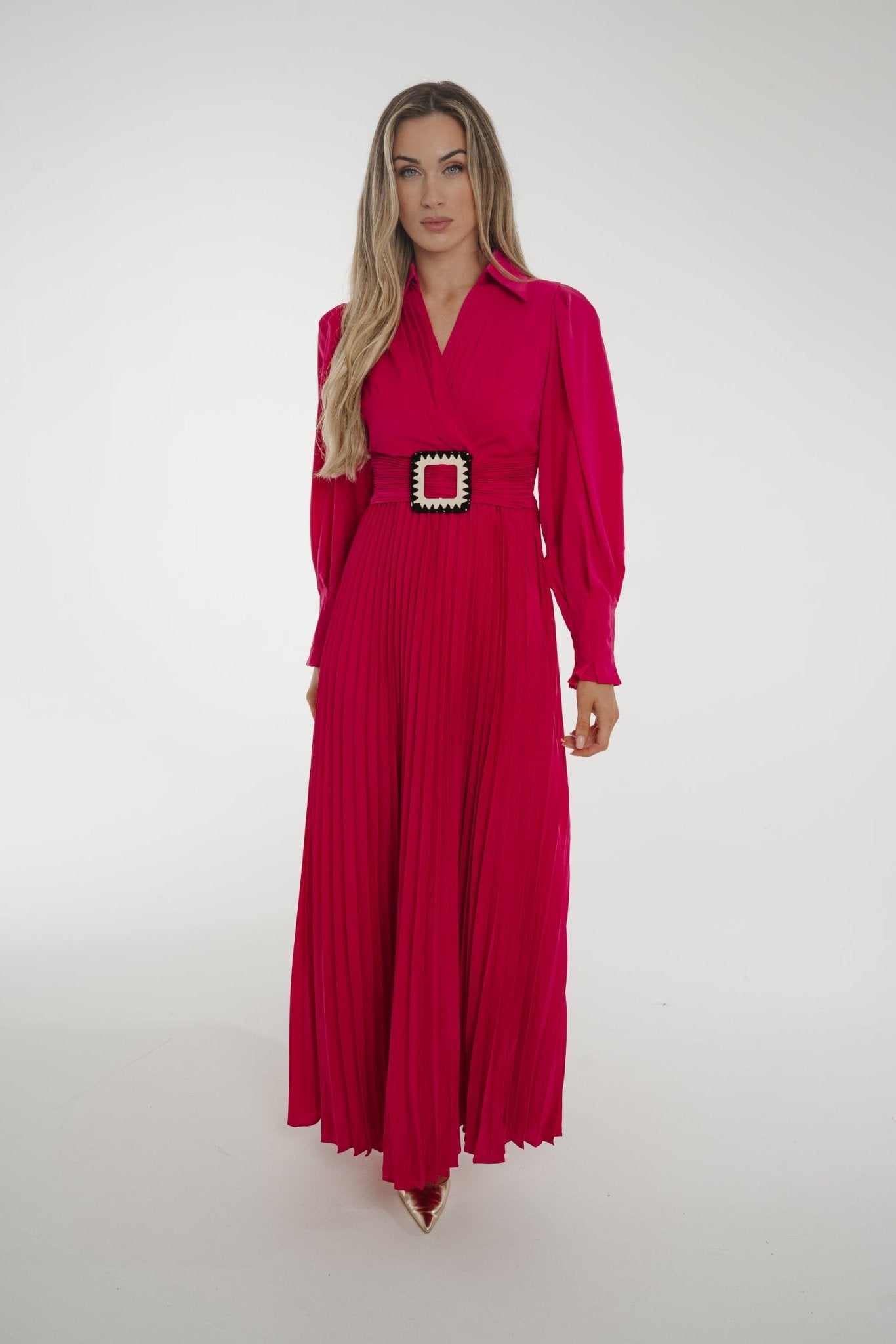 Taylor Belted Pleat Dress In Fuchsia - The Walk in Wardrobe