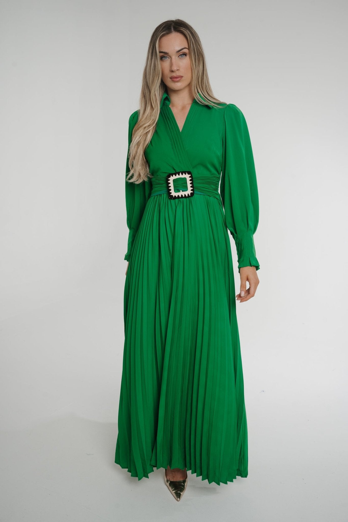 Taylor Belted Pleat Dress In Green - The Walk in Wardrobe