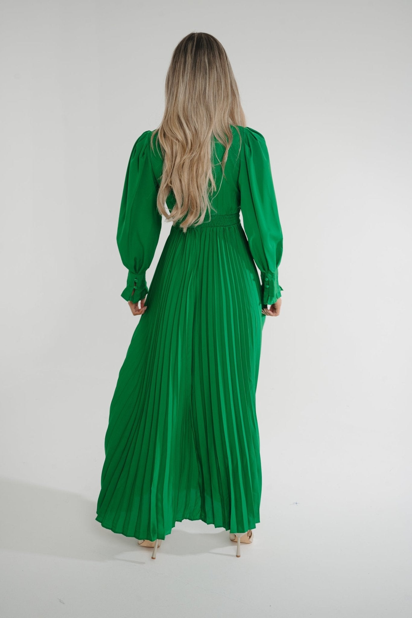 Taylor Belted Pleat Dress In Green - The Walk in Wardrobe