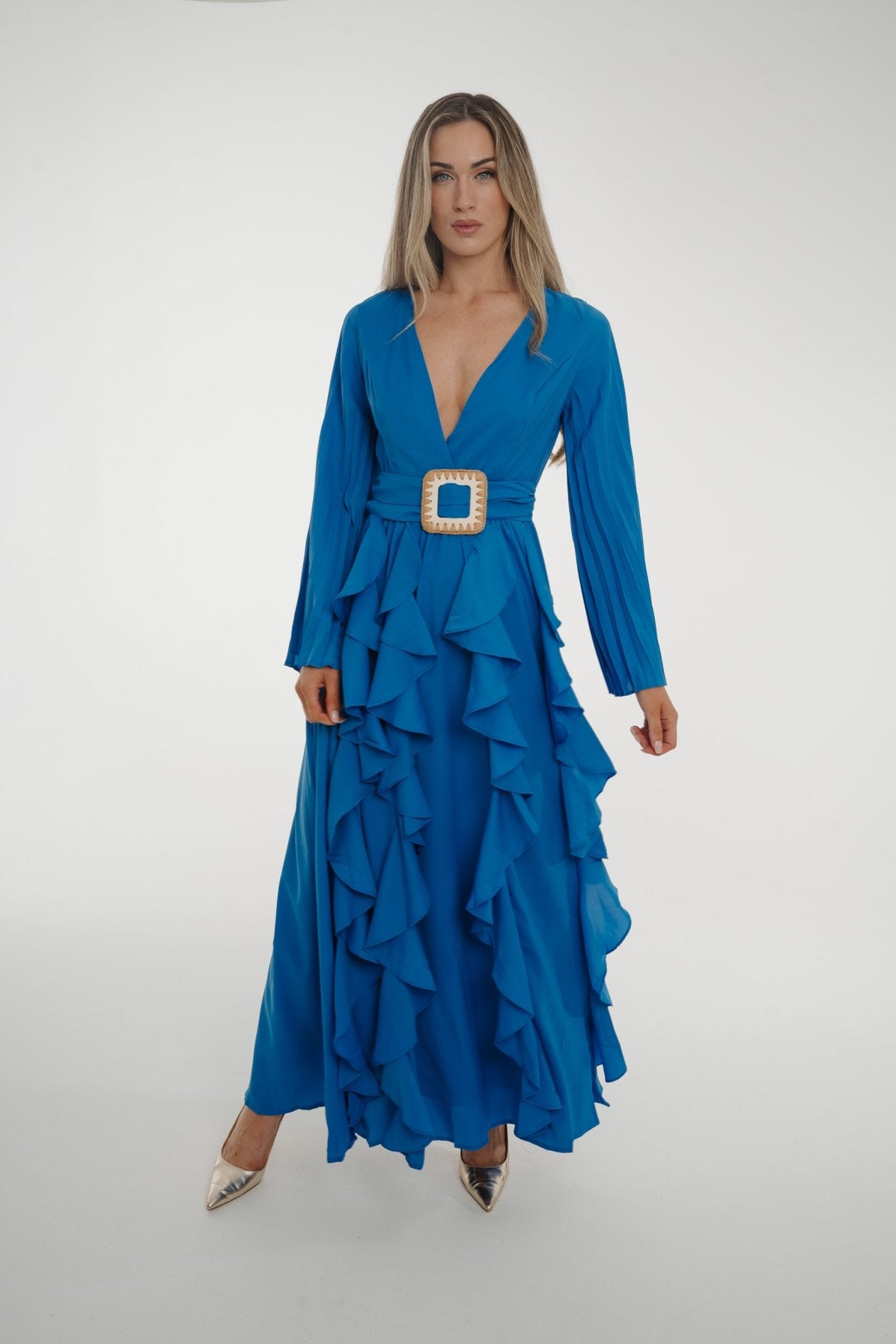 Taylor Belted Ruffle Dress In Blue - The Walk in Wardrobe