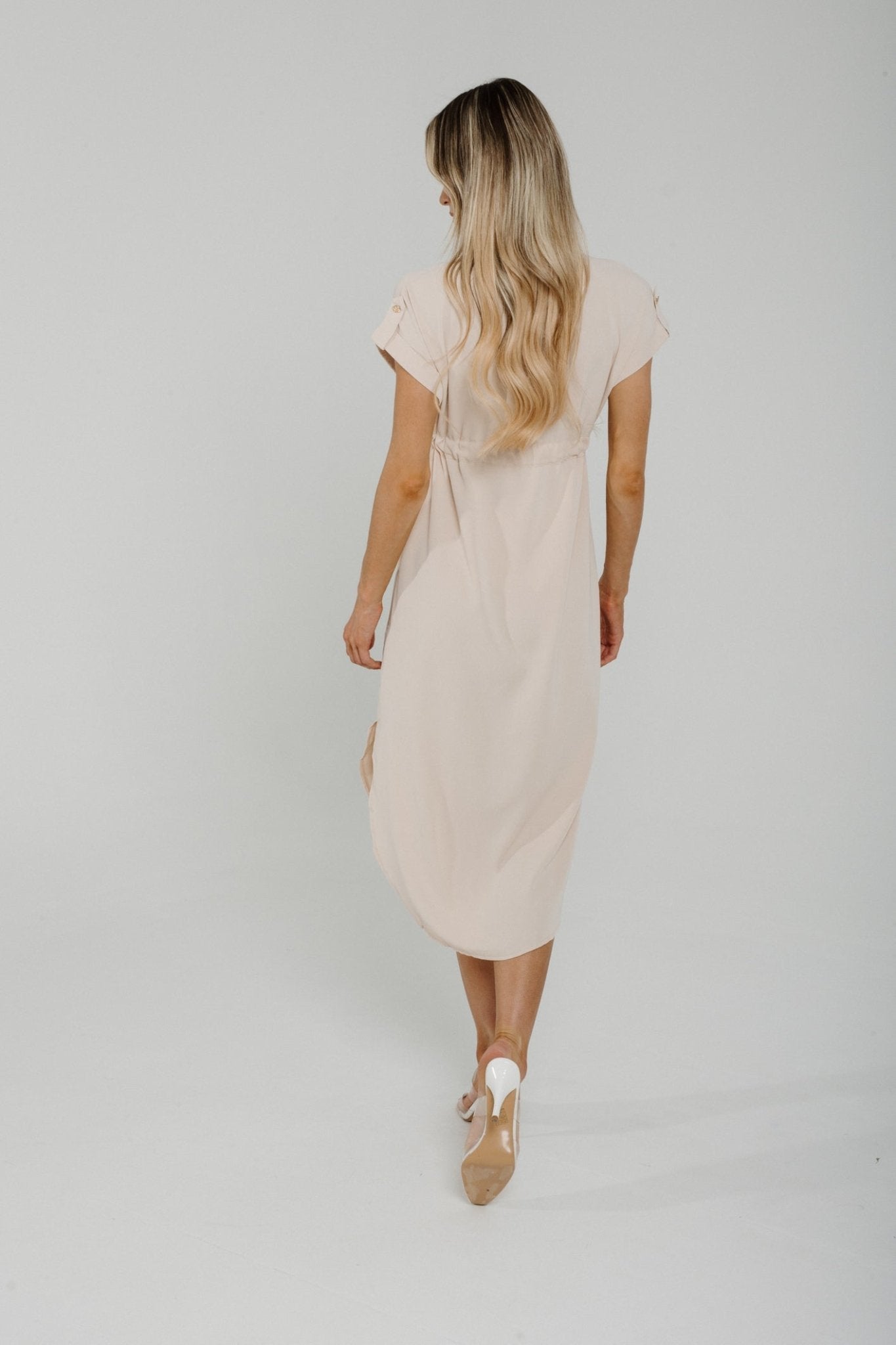 Una Cap Sleeve Drawstring Waist Dress In Neutral - The Walk in Wardrobe