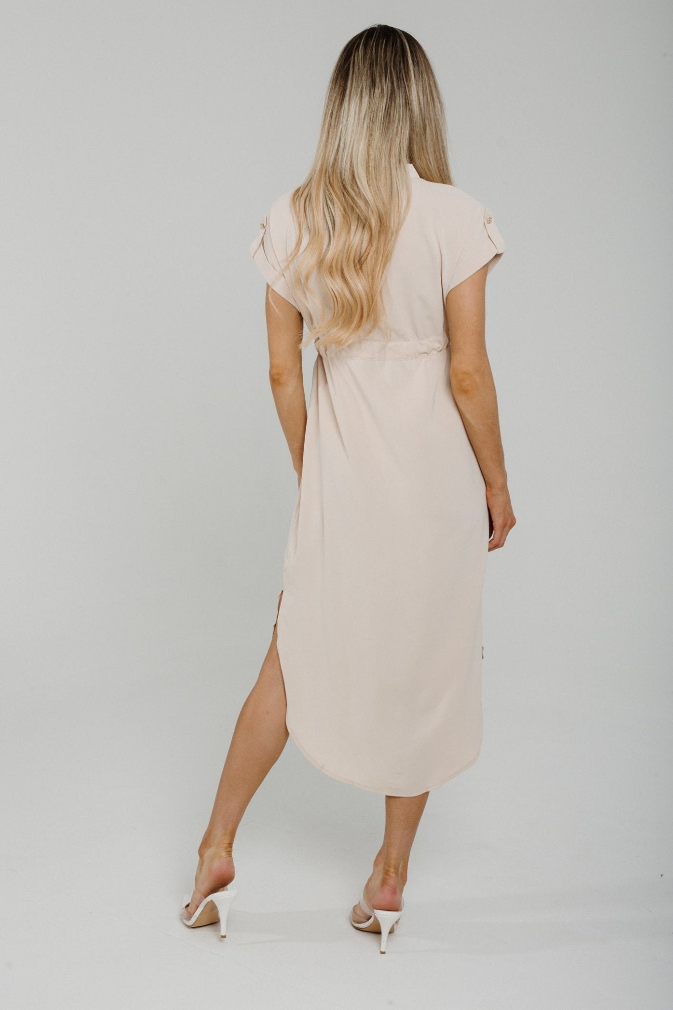 Una Cap Sleeve Drawstring Waist Dress In Neutral - The Walk in Wardrobe