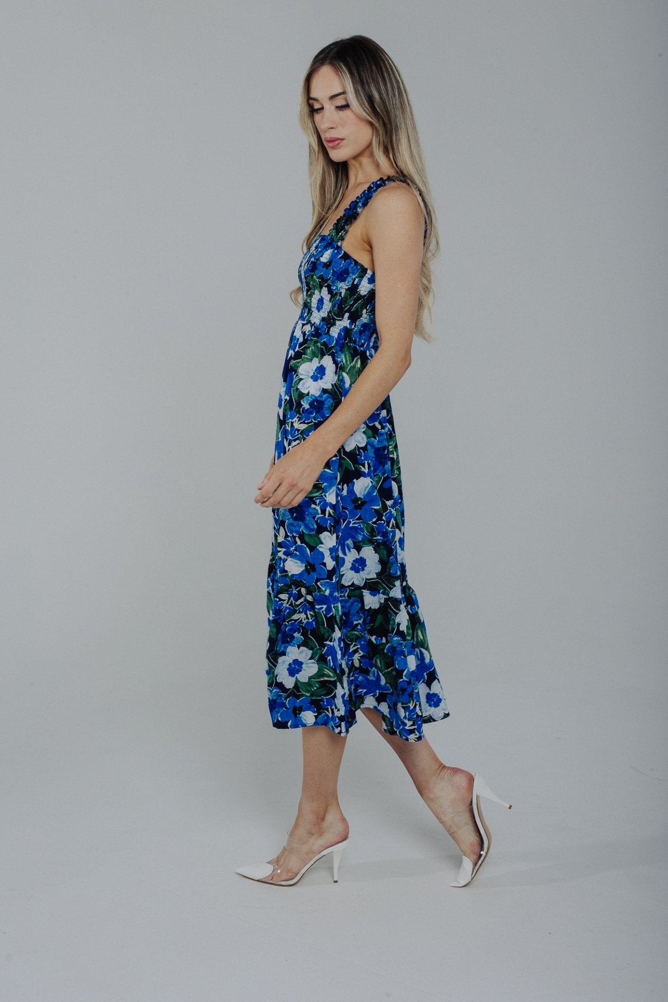 Una Floral Midi Dress In Blue Mix - The Walk in Wardrobe