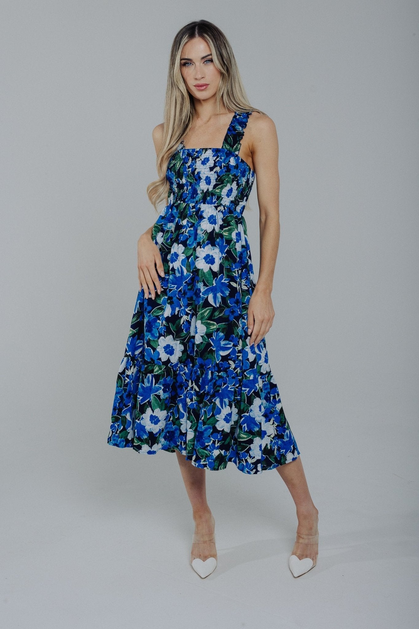 Una Floral Midi Dress In Blue Mix - The Walk in Wardrobe