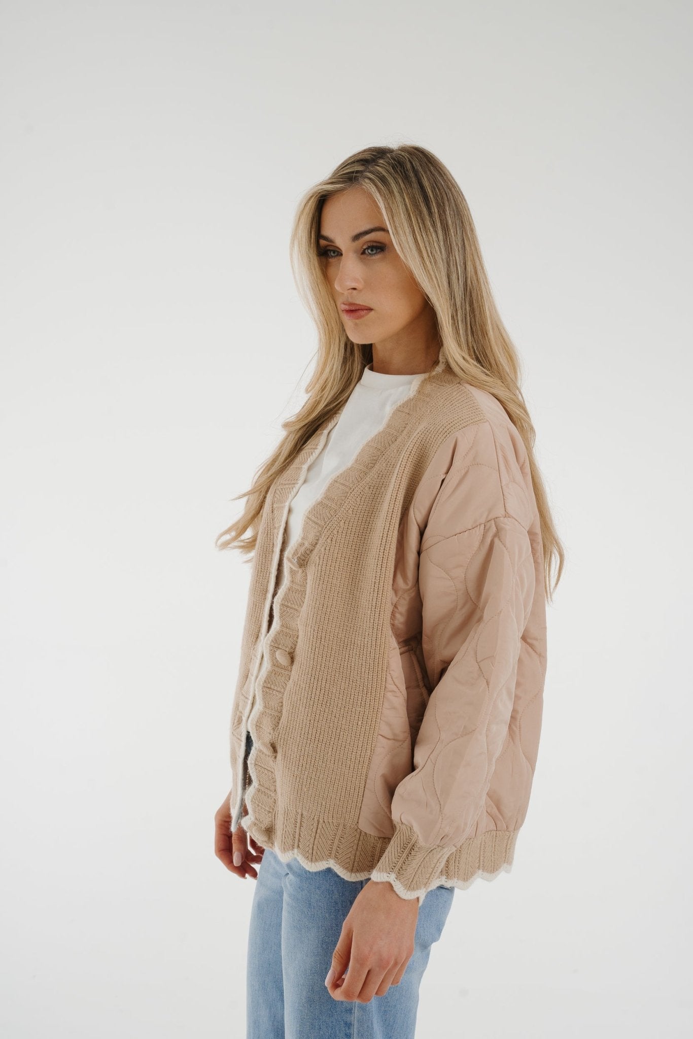 Una Quilted Sleeve Knit Jacket In Neutral - The Walk in Wardrobe