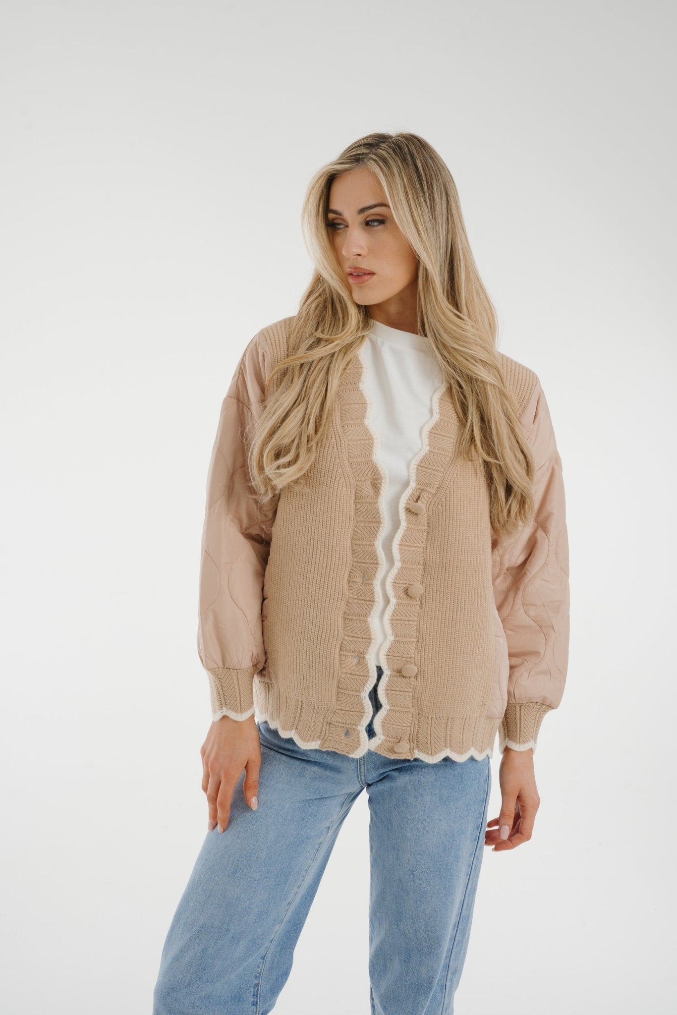 Una Quilted Sleeve Knit Jacket In Neutral - The Walk in Wardrobe