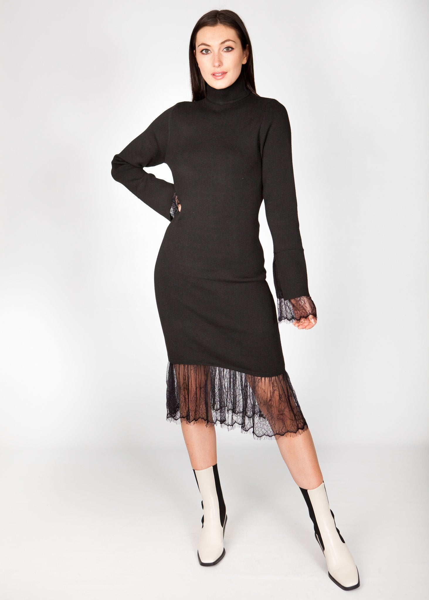 Willow Lace Trim Knit Dress In Black - The Walk in Wardrobe