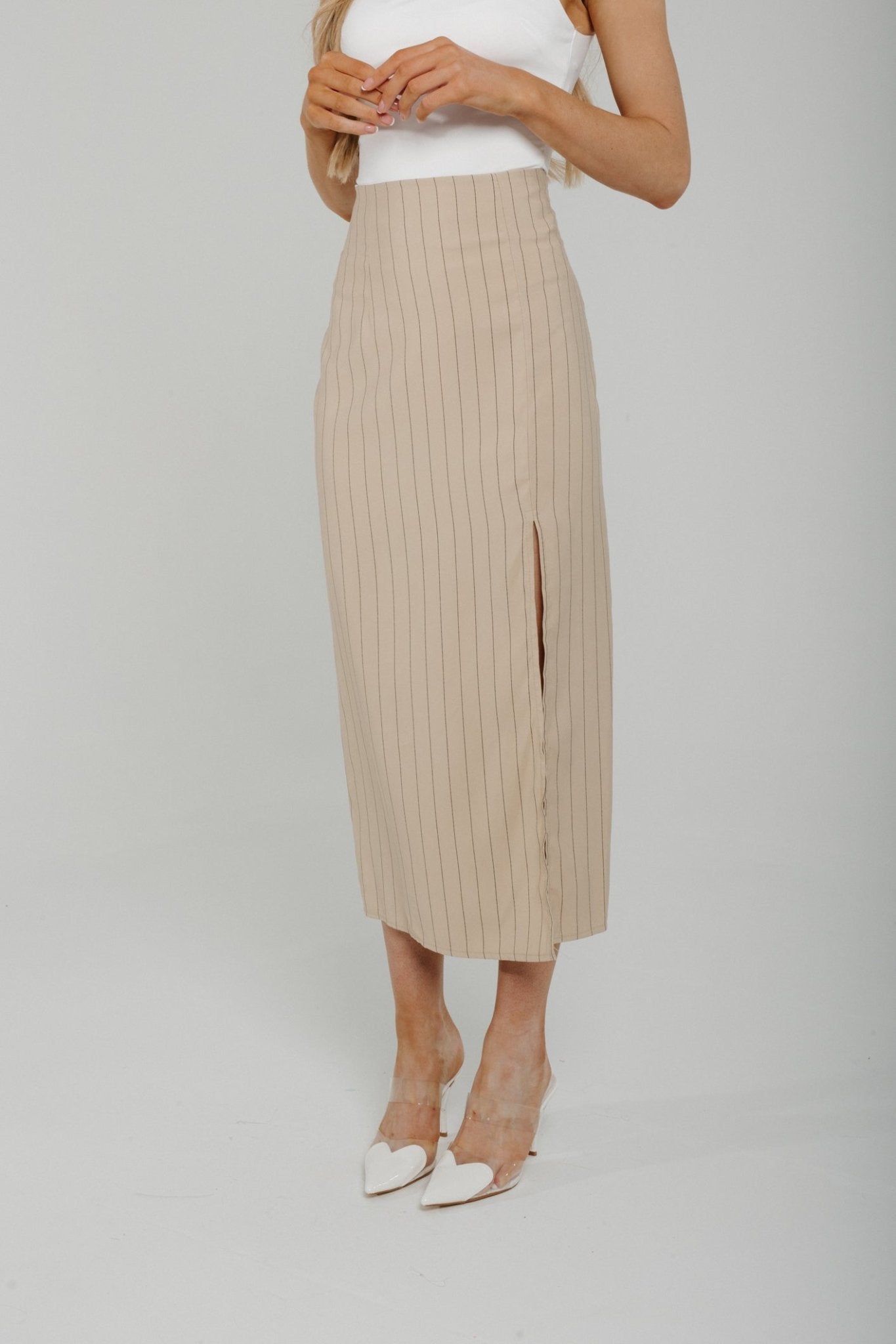 Wynn Pinstripe Midi Skirt In Neutral - The Walk in Wardrobe